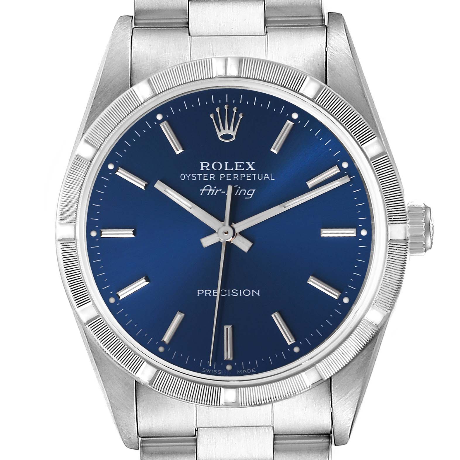 The image shows a front view of the Rolex Air-King 14010 Men's Stainless Steel Blue Dial 14010 Men's Stainless Steel Blue Dial watch, highlighting its blue dial, bezel, and stainless steel bracelet.