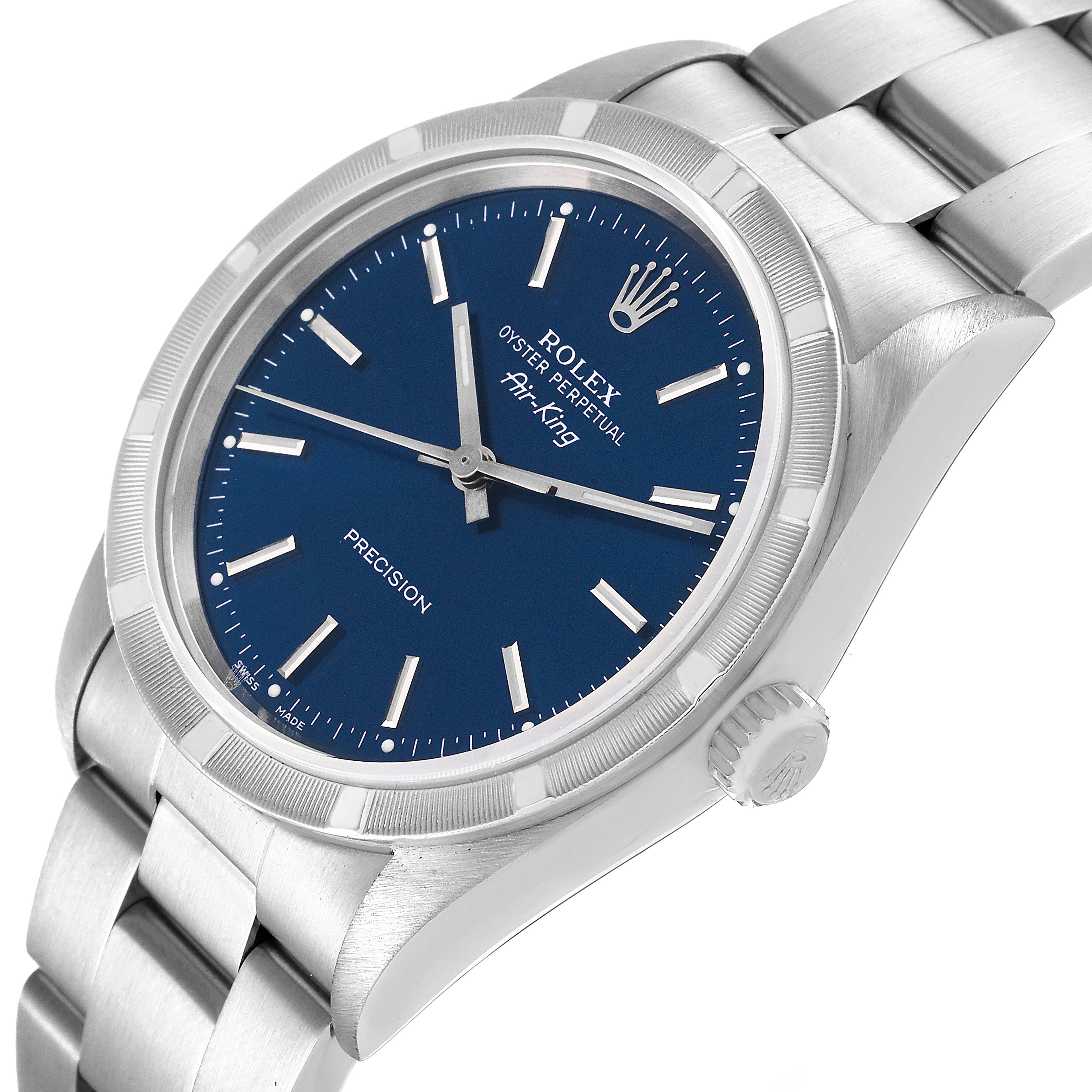 The image shows a side view angle of the Rolex Air-King 14010 Men's Stainless Steel Blue Dial 14010 Men's Stainless Steel Blue Dial watch, highlighting its blue dial, bezel, bracelet, and crown.