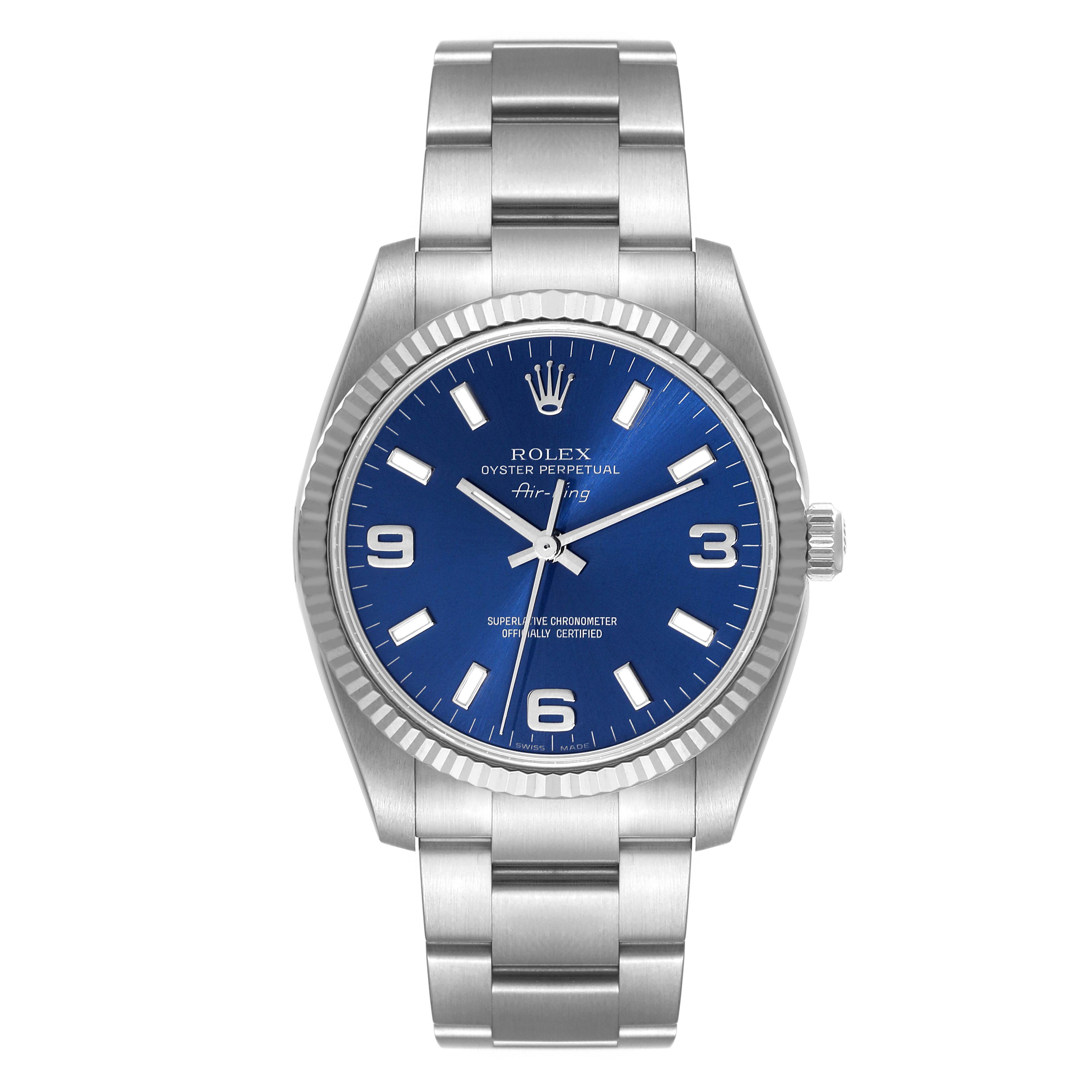 Front view of a Rolex Air-King 114234 Men's Stainless Steel Blue Dial 114234 Men's Stainless Steel Blue Dial watch displaying its face, bezel, and stainless steel bracelet.