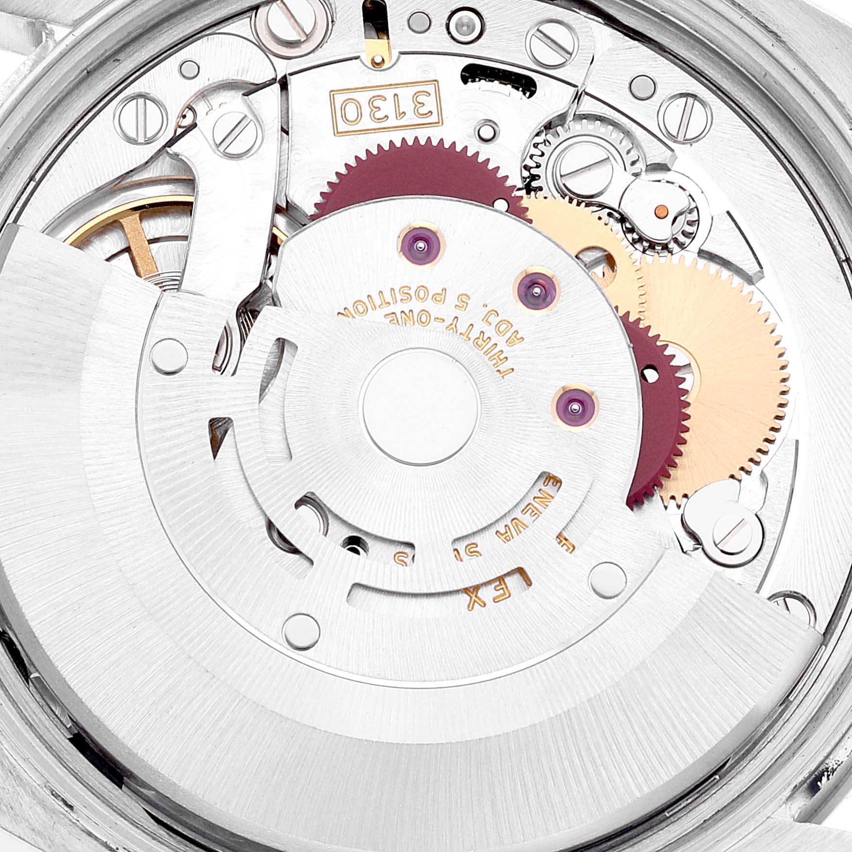 This image shows the inner mechanism and movement parts of the Rolex Air-King 114234 Men's Stainless Steel Blue Dial 114234 Men's Stainless Steel Blue Dial watch model at a close-up angle.