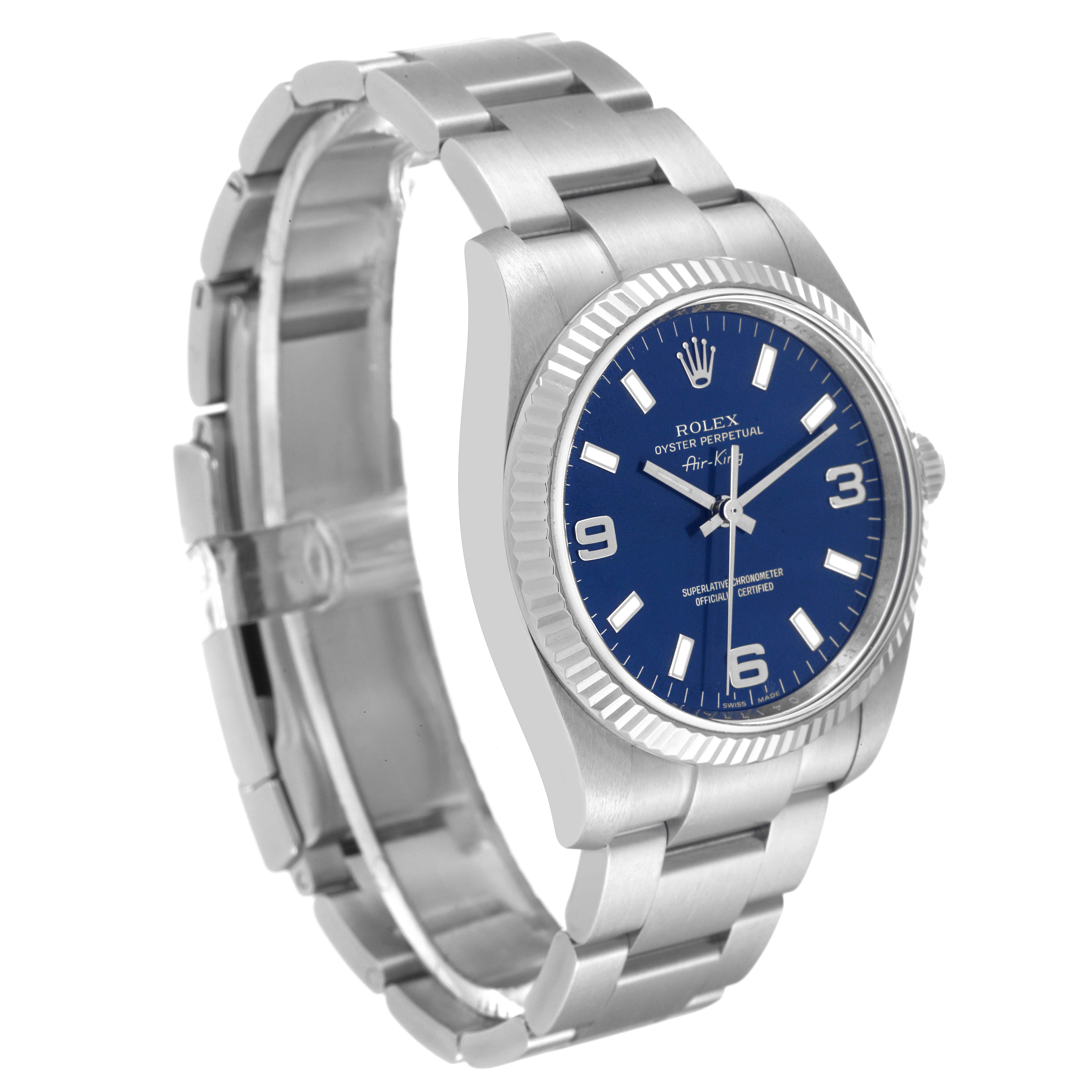 The image shows a Rolex Air-King 114234 Men's Stainless Steel Blue Dial 114234 Men's Stainless Steel Blue Dial watch from a front angle, displaying its face, bezel, case, and bracelet.