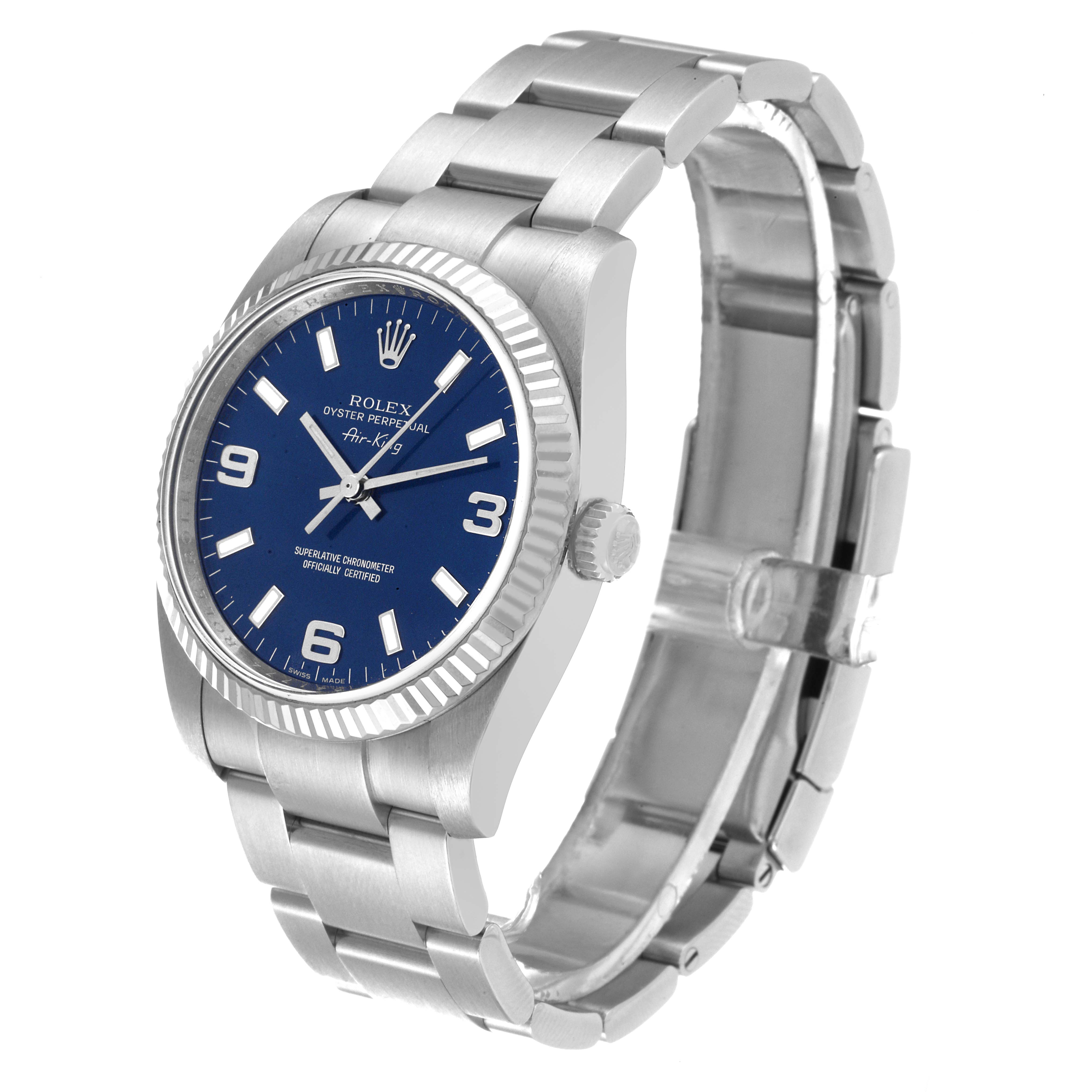 The Rolex Air-King 114234 Men's Stainless Steel Blue Dial 114234 Men's Stainless Steel Blue Dial watch is shown at an angled side view, highlighting its blue dial, crown, and metal bracelet.