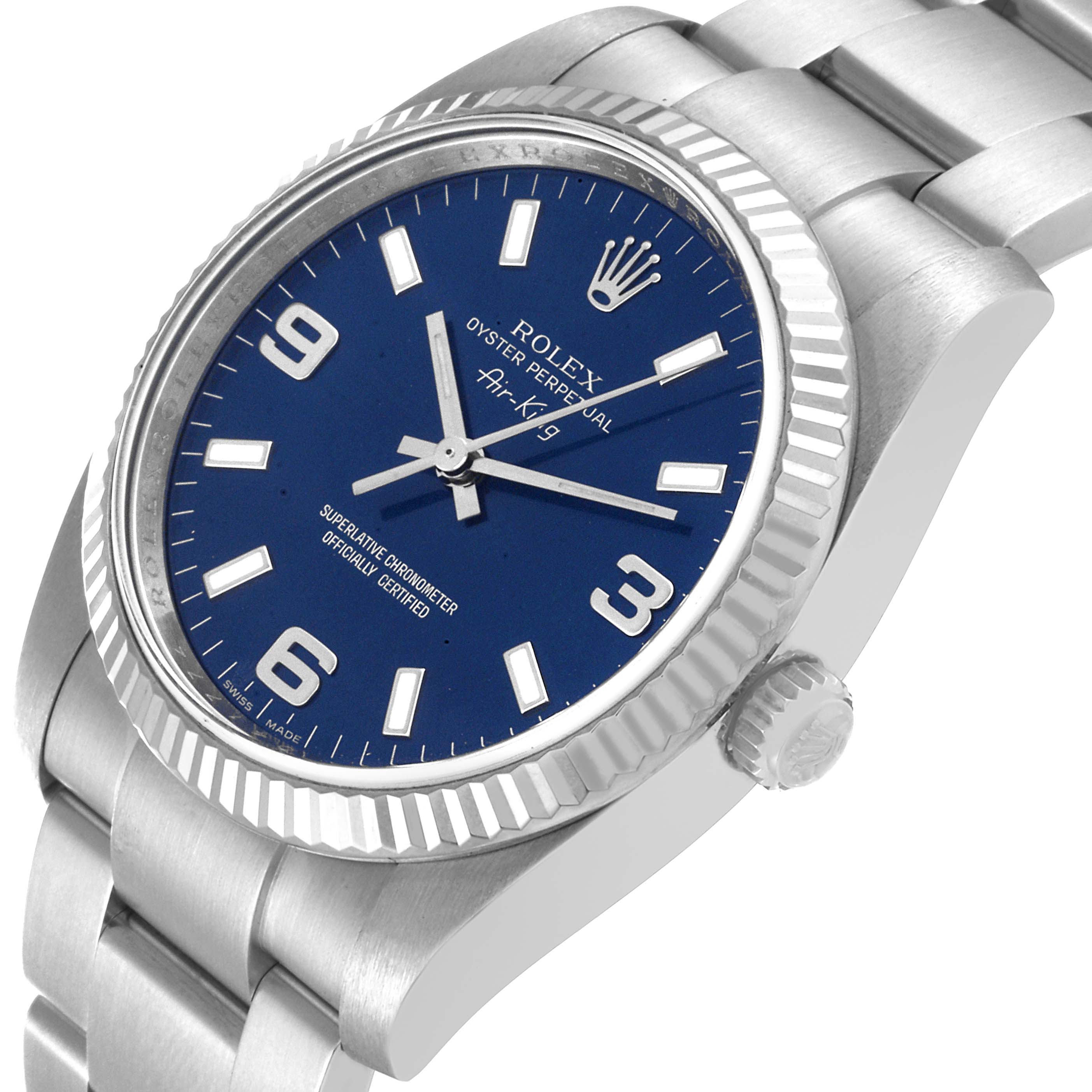 The Rolex Air-King 114234 Men's Stainless Steel Blue Dial 114234 Men's Stainless Steel Blue Dial watch is shown from a slightly tilted side view, revealing the face, bezel, and part of the metal bracelet.