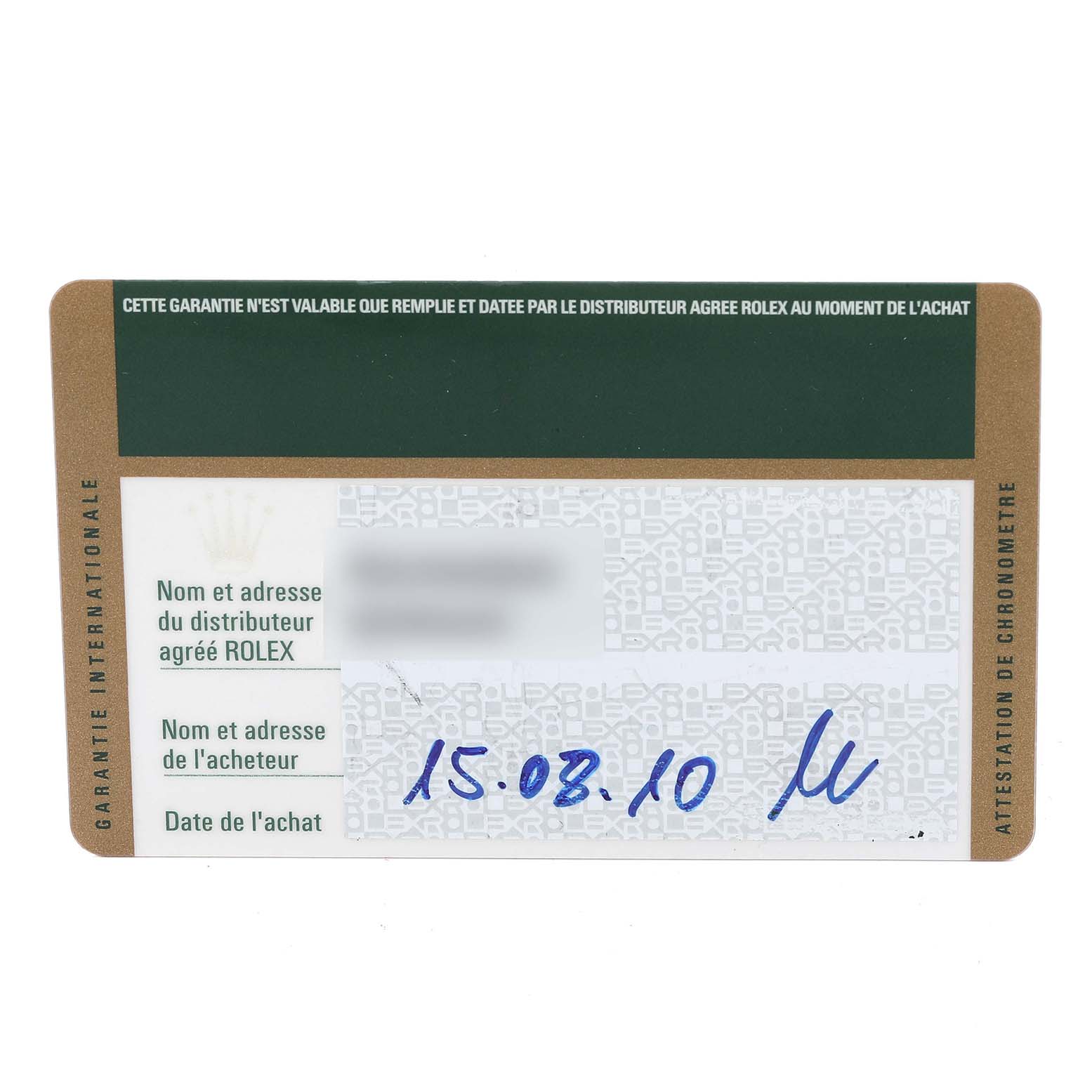 This image shows the warranty card of a Rolex Air-King 114234 Men's Stainless Steel Blue Dial 114234 Men's Stainless Steel Blue Dial watch with purchase details and information fields.