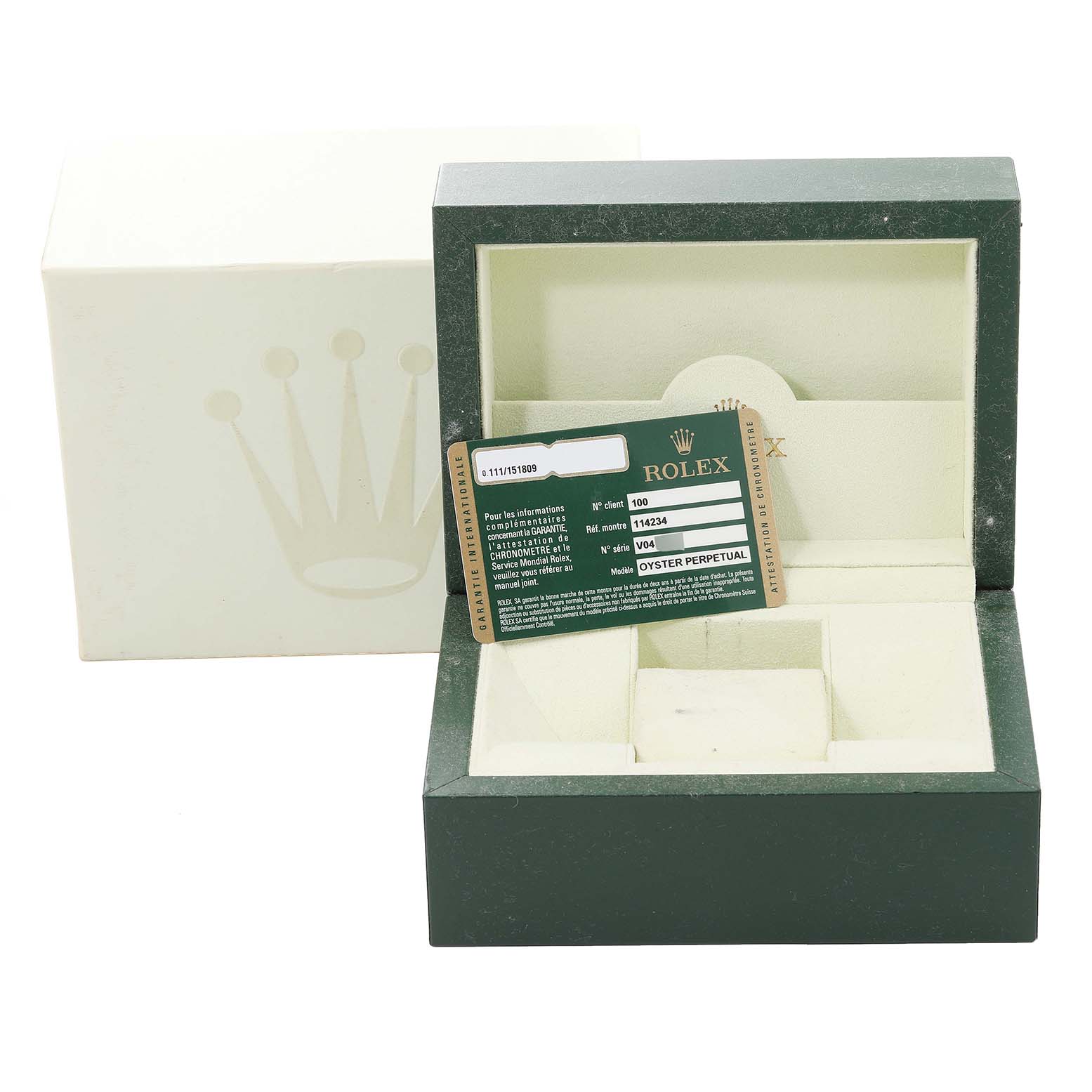 The image shows the packaging (box and warranty card) for a Rolex Air-King 114234 Men's Stainless Steel Blue Dial 114234 Men's Stainless Steel Blue Dial watch.