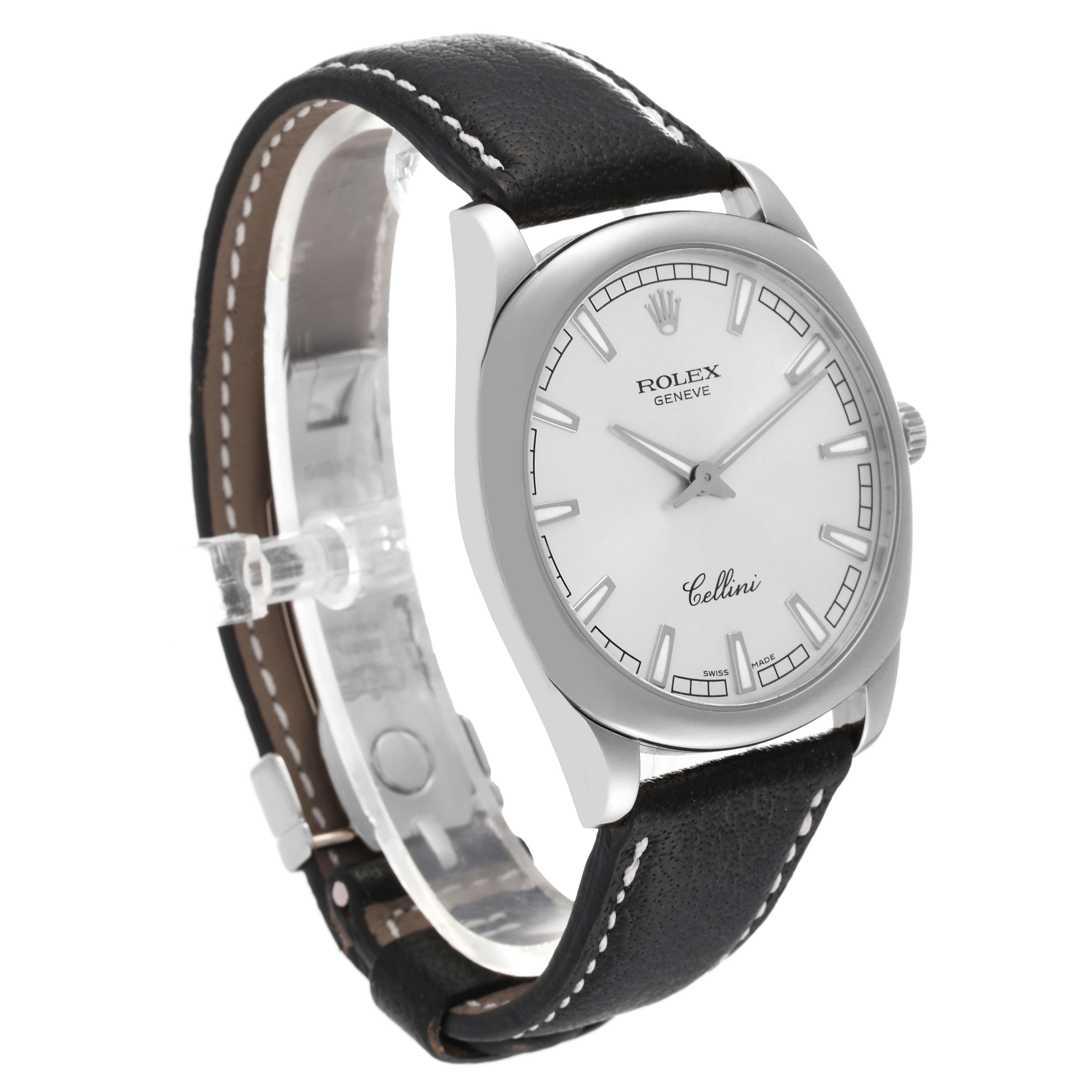 The Rolex Cellini 4243/9 Men
s White Gold Silver Dial 4243/9 Men
s White Gold Silver Dial watch is shown at an oblique angle, displaying its face, leather strap, and side crown.
