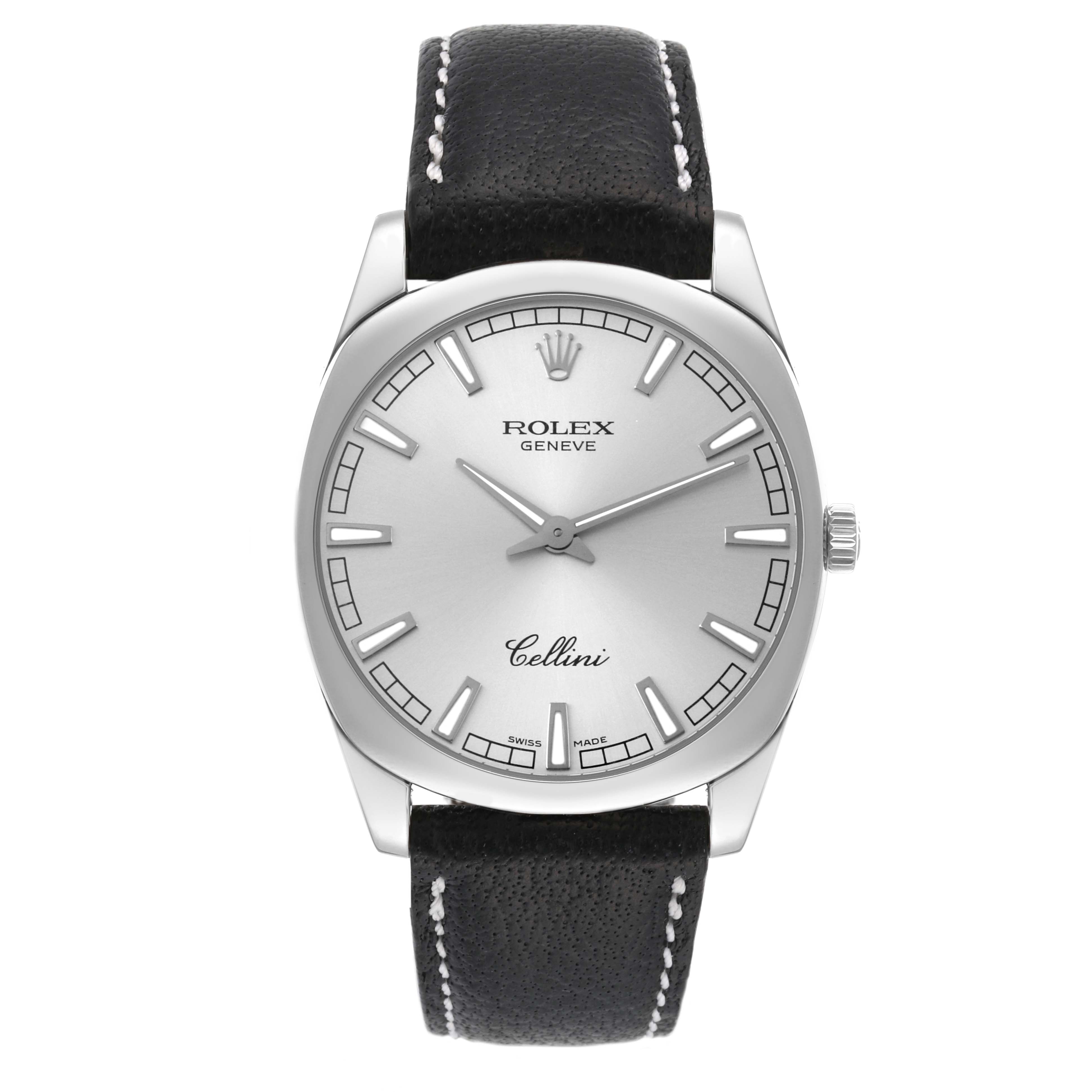 This image shows a front view of the Rolex Cellini 4243/9 Men
s White Gold Silver Dial 4243/9 Men
s White Gold Silver Dial watch, featuring its face, dial, and leather strap.