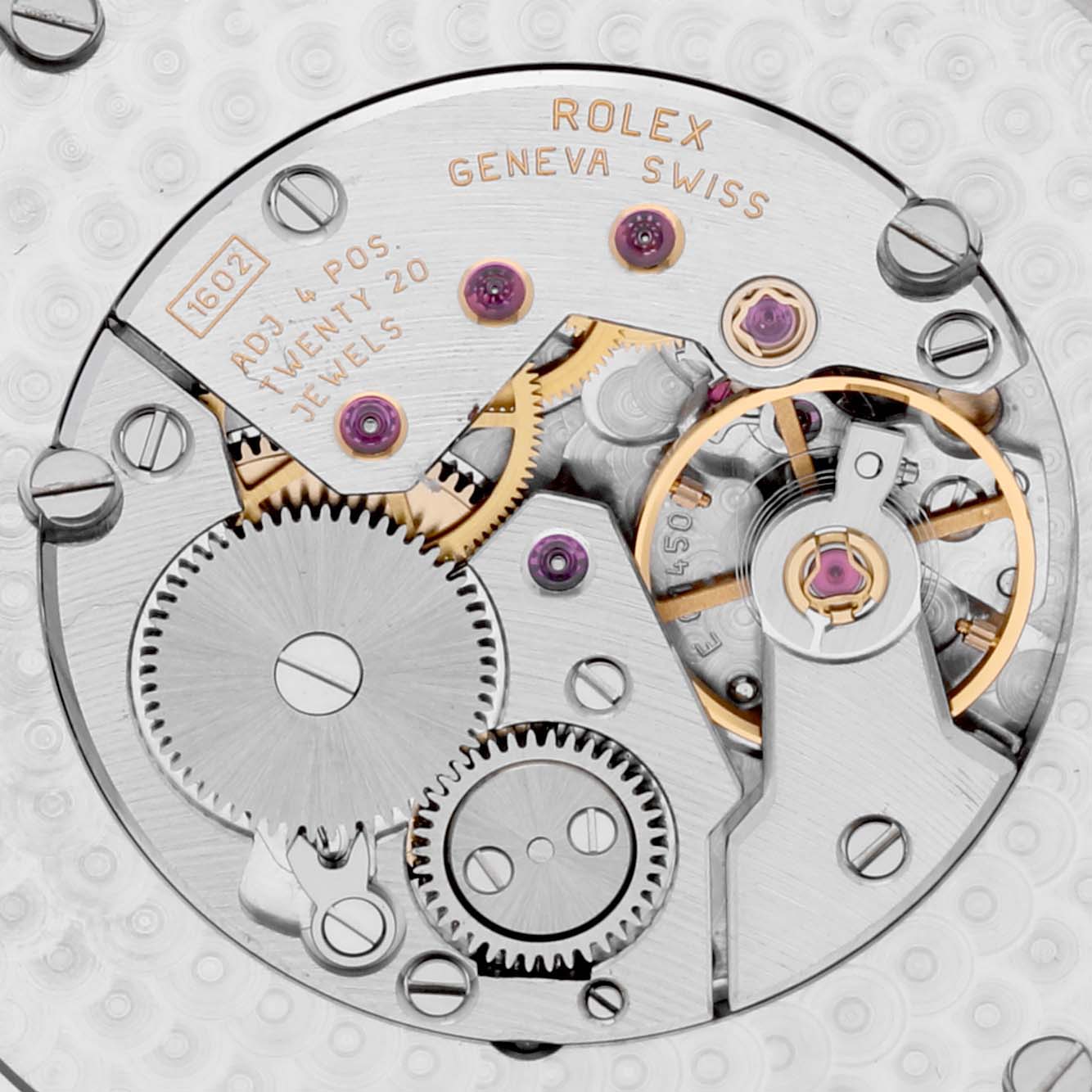 This image shows a close-up view of the movement and internal gears of a Rolex Cellini 4243/9 Men
s White Gold Silver Dial 4243/9 Men
s White Gold Silver Dial watch.