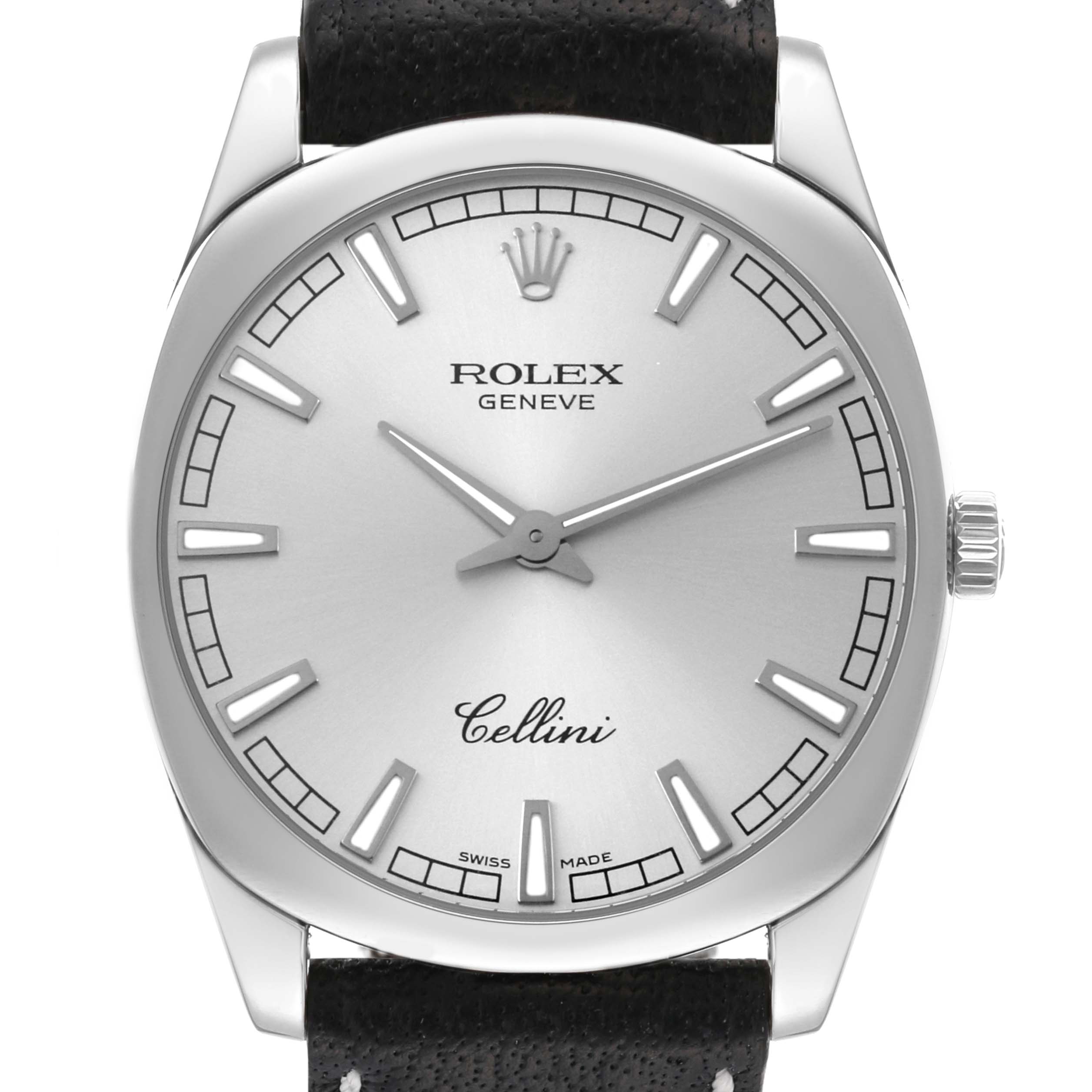 The image shows a front view of a Rolex Cellini 4243/9 Men
s White Gold Silver Dial 4243/9 Men
s White Gold Silver Dial watch highlighting its dial, hands, crown, and strap.