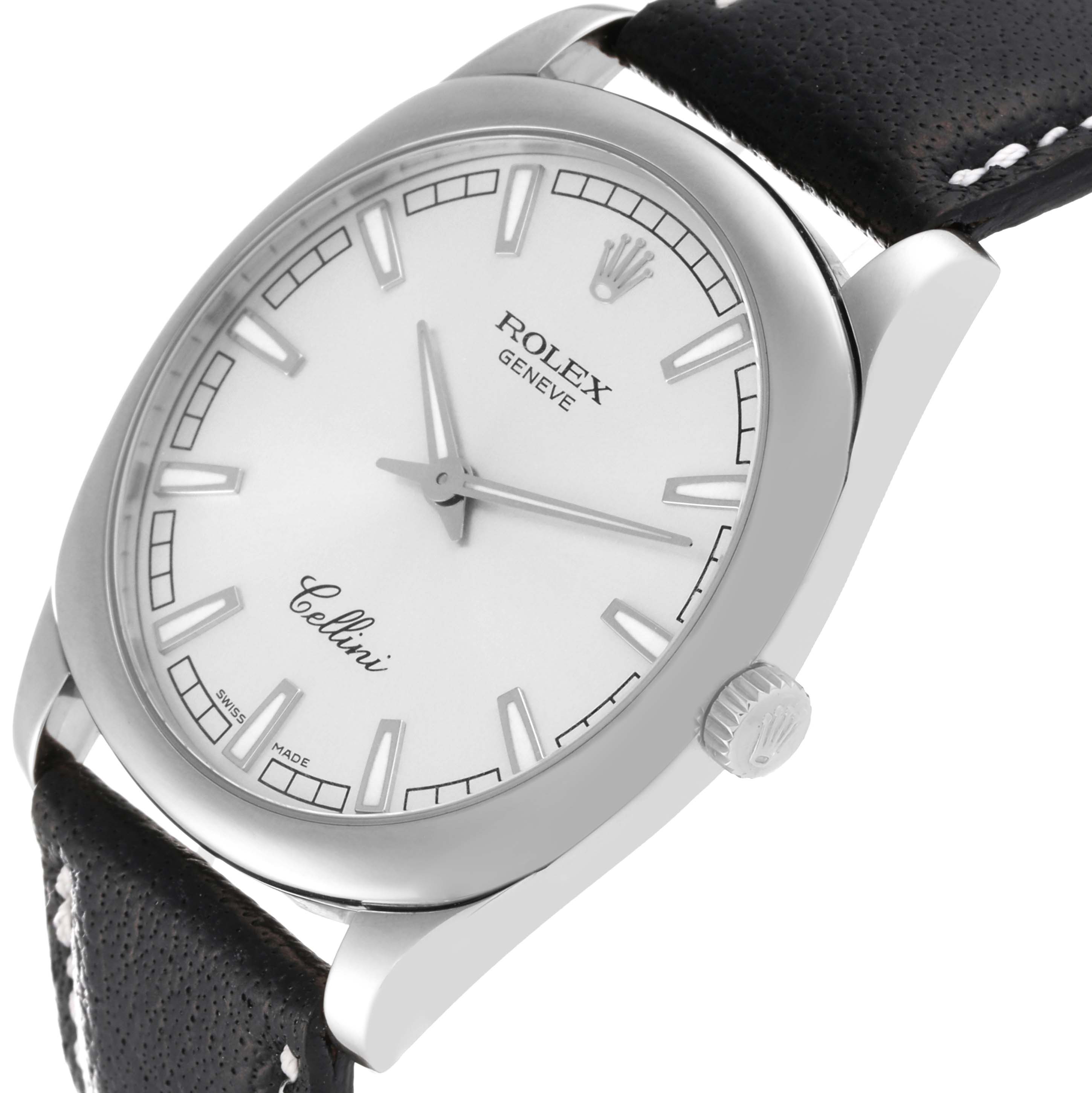 The image shows a close-up, side angle of the Rolex Cellini 4243/9 Men
s White Gold Silver Dial 4243/9 Men
s White Gold Silver Dial watch face, crown, and leather strap.
