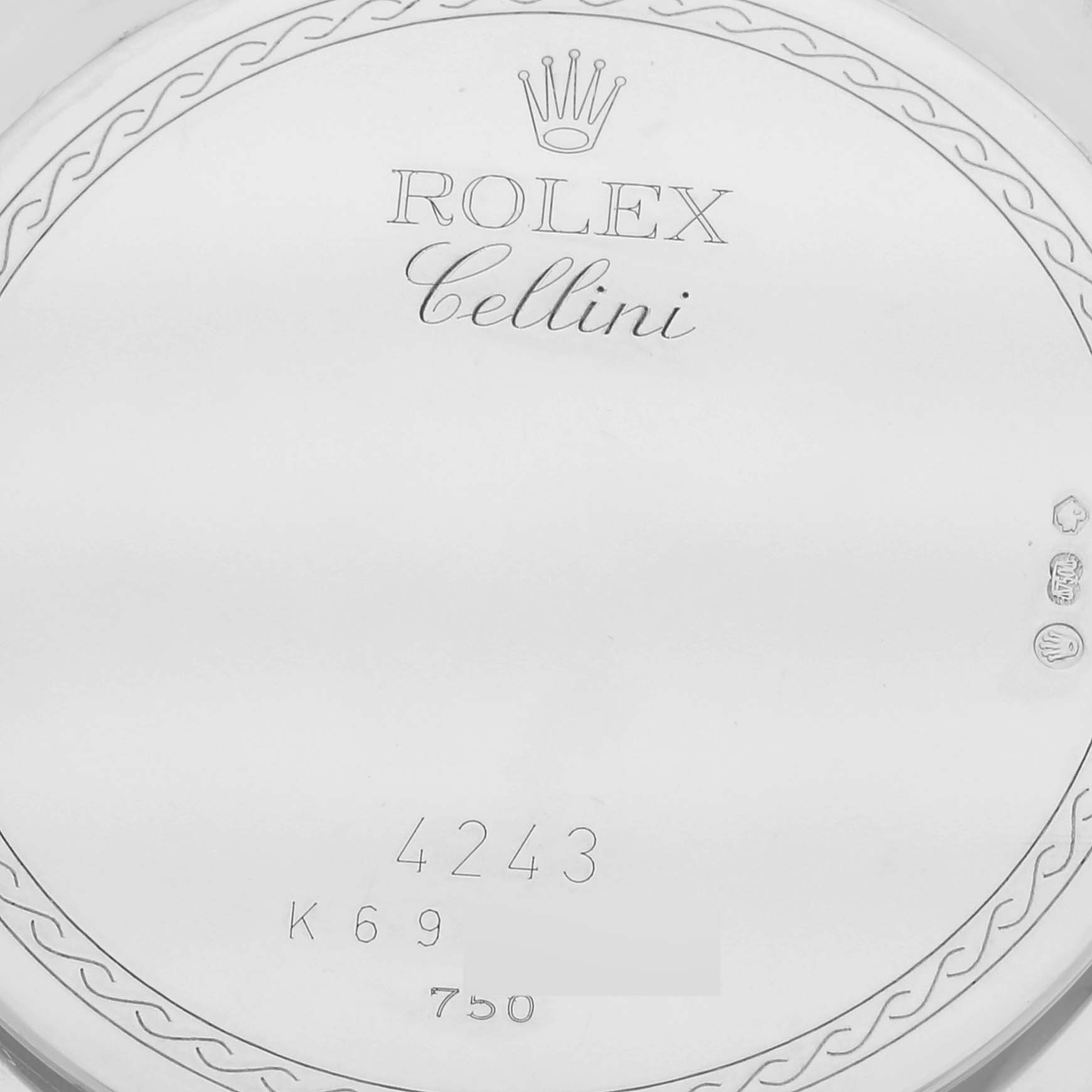 The image shows the case back of a Rolex Cellini 4243/9 Men
s White Gold Silver Dial 4243/9 Men
s White Gold Silver Dial watch, displaying the brand, model, and serial number.