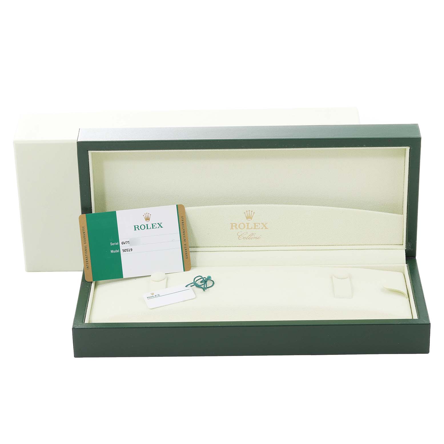 The image shows a green and white Rolex Cellini 50519 Men
s Stainless Steel Silver Dial 50519 Men
s Stainless Steel Silver Dial watch box with Best Quality
ation card and tags, viewed from the top down angle.