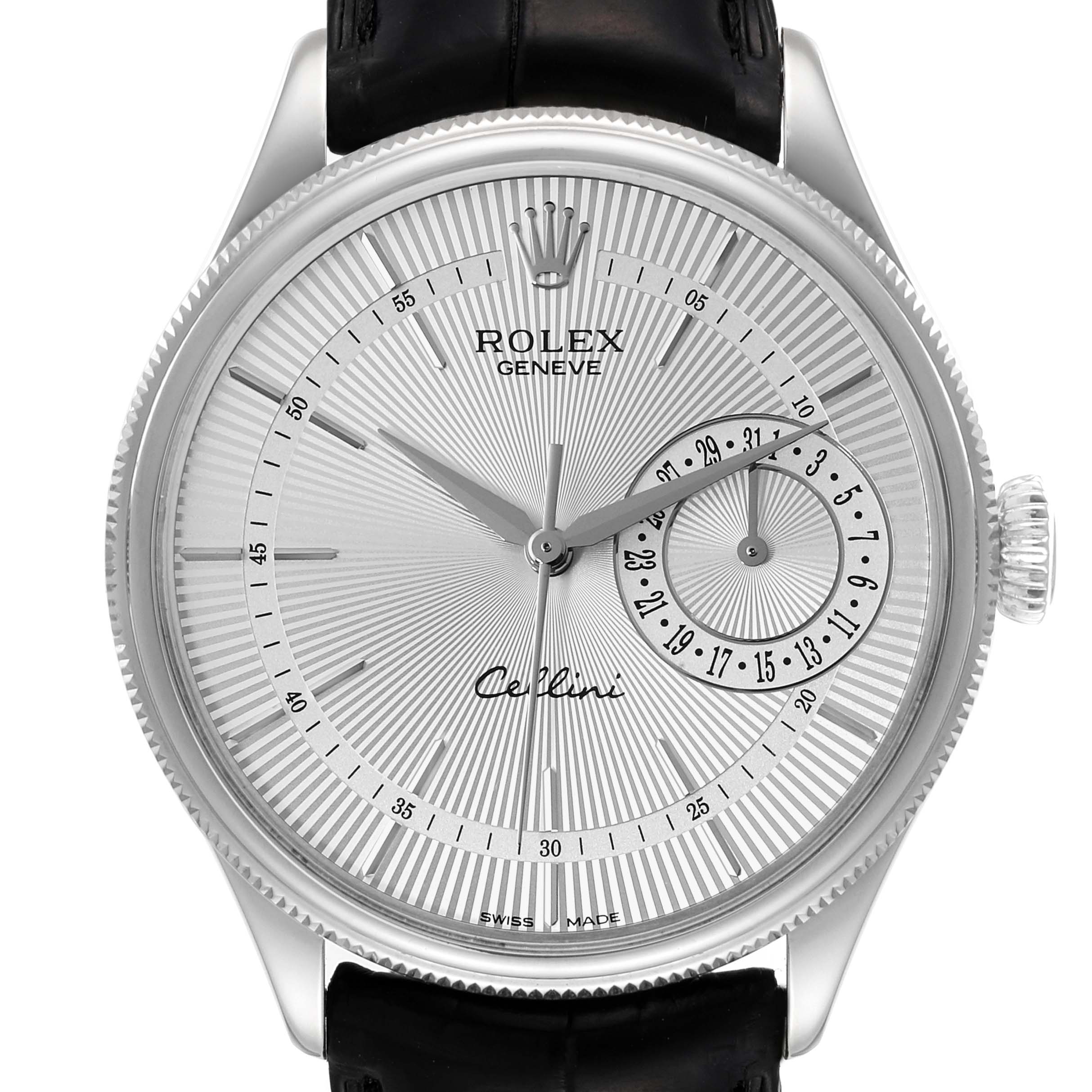 The image shows a front view of the Rolex Cellini 50519 Men
s Stainless Steel Silver Dial 50519 Men
s Stainless Steel Silver Dial watch, highlighting its dial, hands, markers, and sub-dial with a black leather strap.