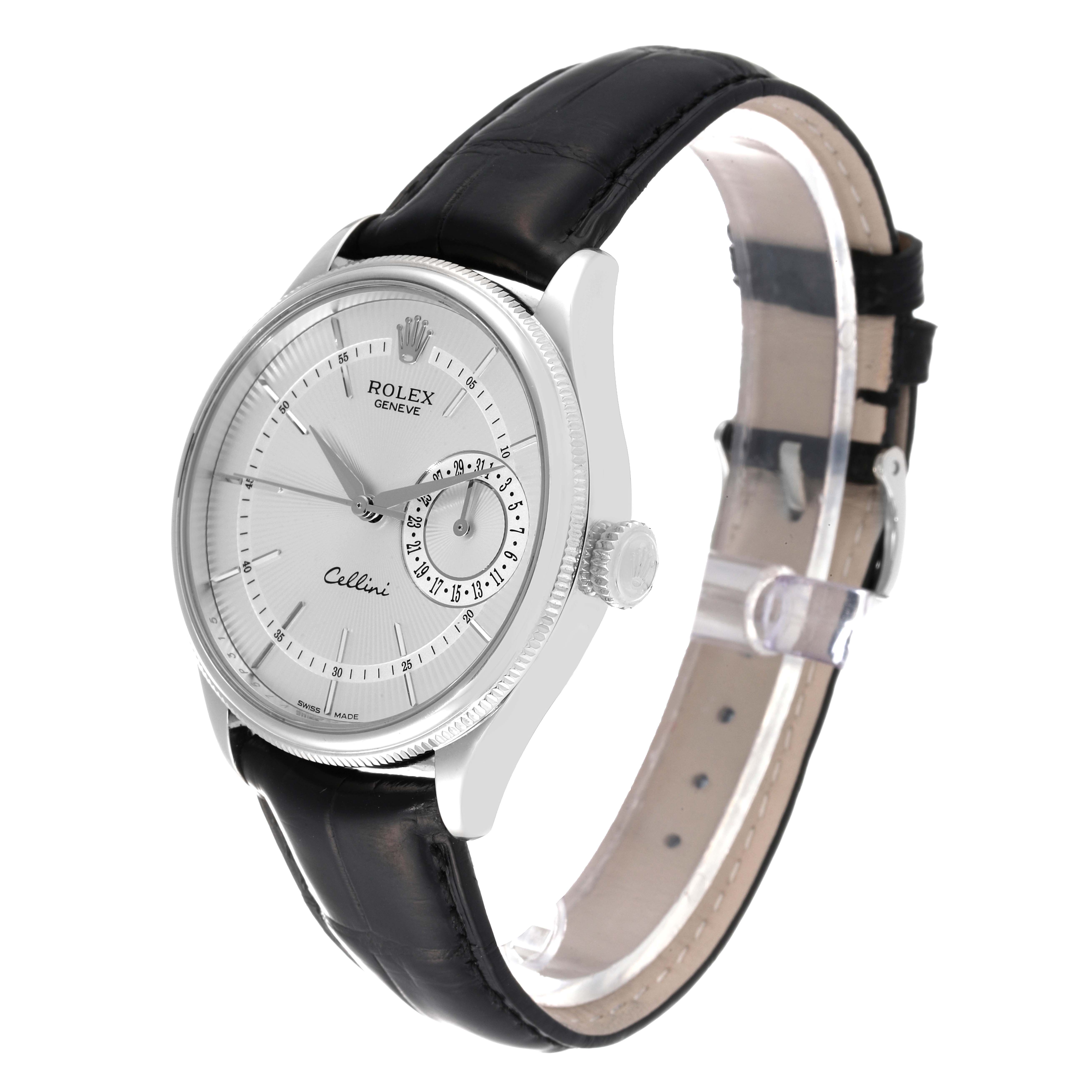 The Rolex Cellini 50519 Men
s Stainless Steel Silver Dial 50519 Men
s Stainless Steel Silver Dial watch is displayed at a three-quarter angle, showing the face, bezel, and black leather strap.