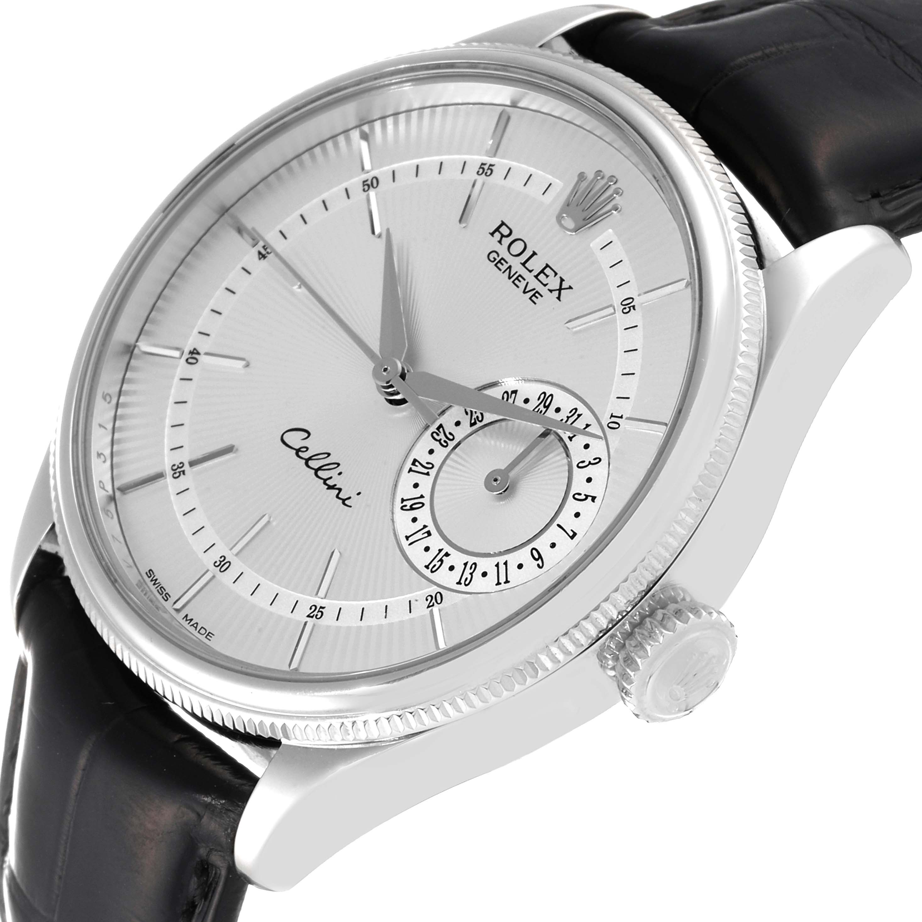 This image shows a Rolex Cellini 50519 Men
s Stainless Steel Silver Dial 50519 Men
s Stainless Steel Silver Dial model watch at an angle revealing the face, crown, and leather strap.