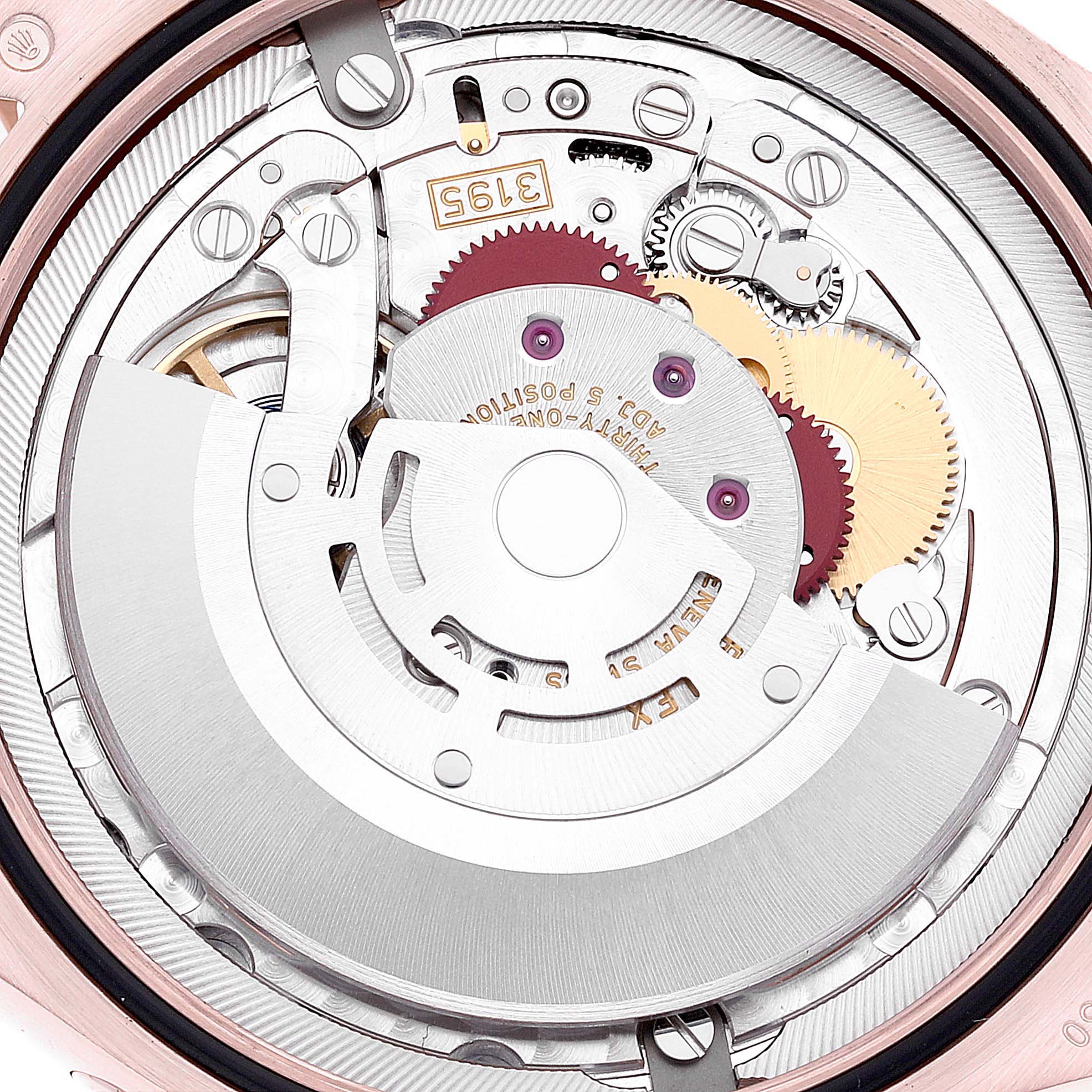 This image shows the internal mechanical movement of a Rolex Cellini 50535 Men
s Rose Gold White Dial 50535 Men
s Rose Gold White Dial watch from a top-down angle.