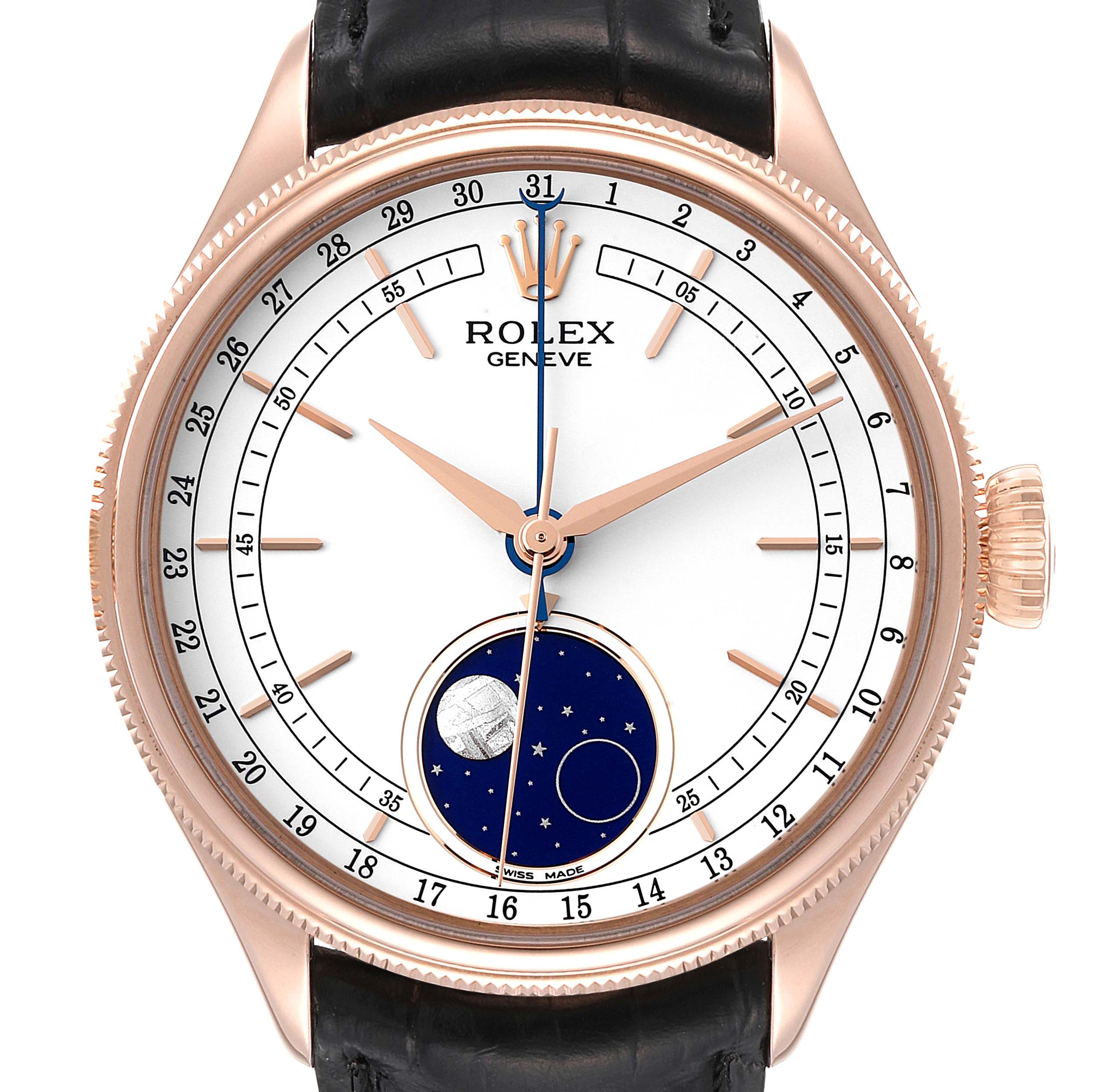 The Rolex Cellini 50535 Men
s Rose Gold White Dial 50535 Men
s Rose Gold White Dial watch is shown from a top-down angle, highlighting its dial, hands, bezel, and crown.