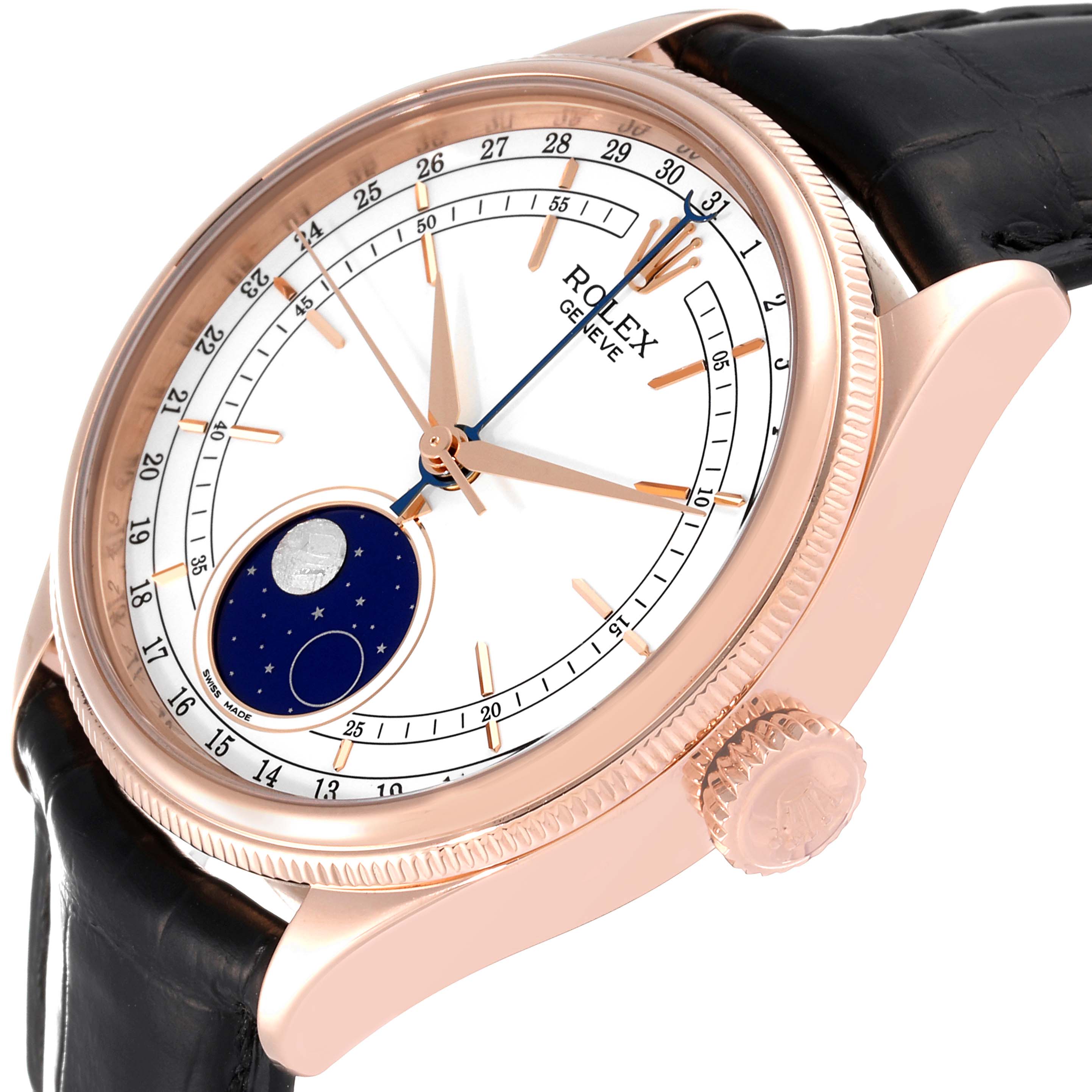 This image shows a close-up side angle of the Rolex Cellini 50535 Men
s Rose Gold White Dial 50535 Men
s Rose Gold White Dial watch, highlighting the dial, bezel, crown, and black strap.