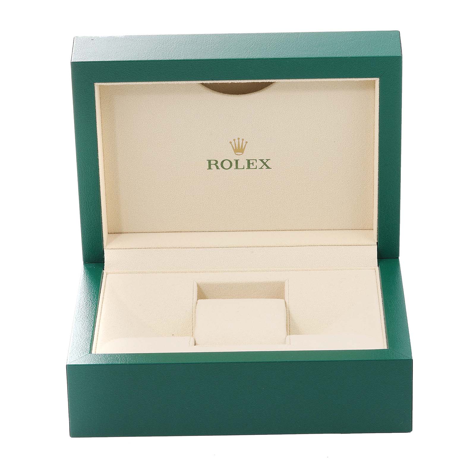 The image shows an open Rolex Cellini 50535 Men
s Rose Gold White Dial 50535 Men
s Rose Gold White Dial watch box with a green exterior and beige interior.