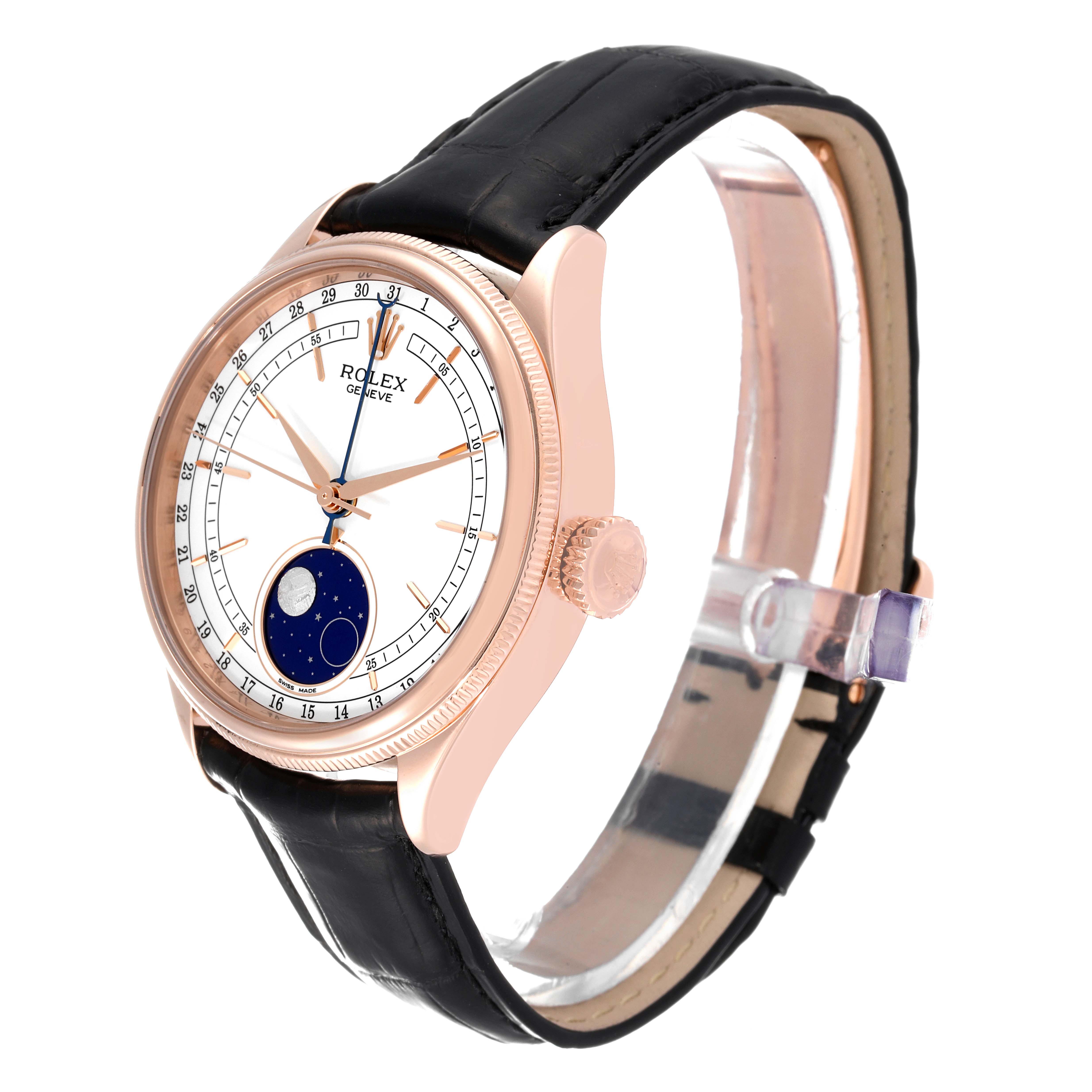 The Rolex Cellini 50535 Men
s Rose Gold White Dial 50535 Men
s Rose Gold White Dial watch is shown from a front and slight side angle, displaying its face, bezel, crown, and leather strap.