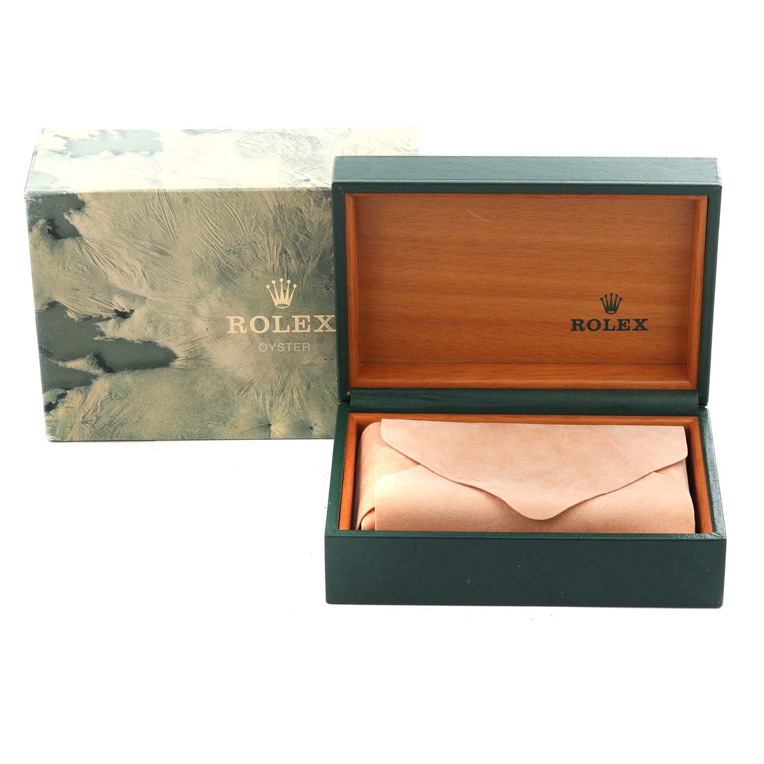 The image shows a Rolex Date watch box and leather pouch, viewed from the front with the box open.