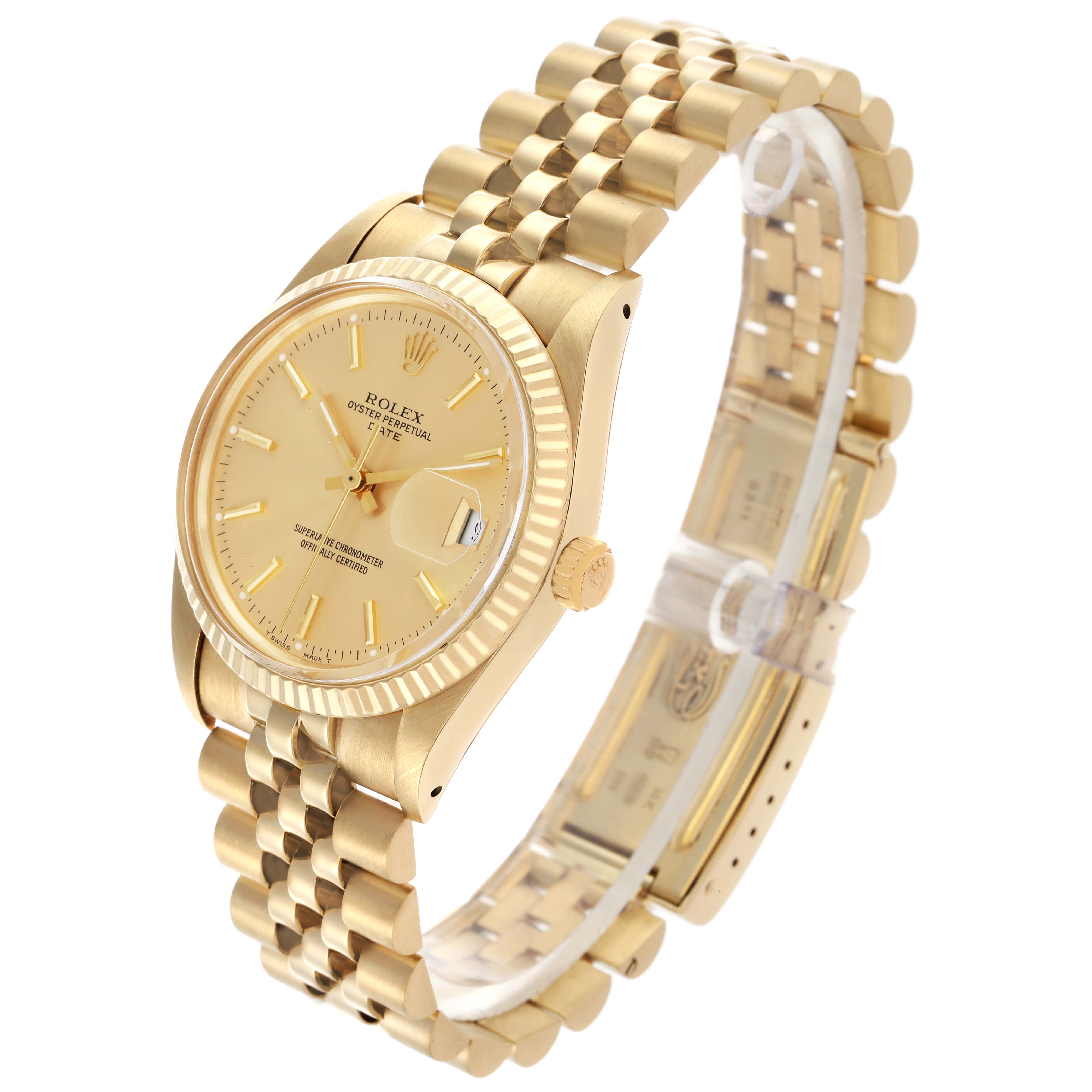 The Rolex Date model is shown at an angled side view, highlighting its gold case, bezel, dial, crown, and jubilee bracelet.