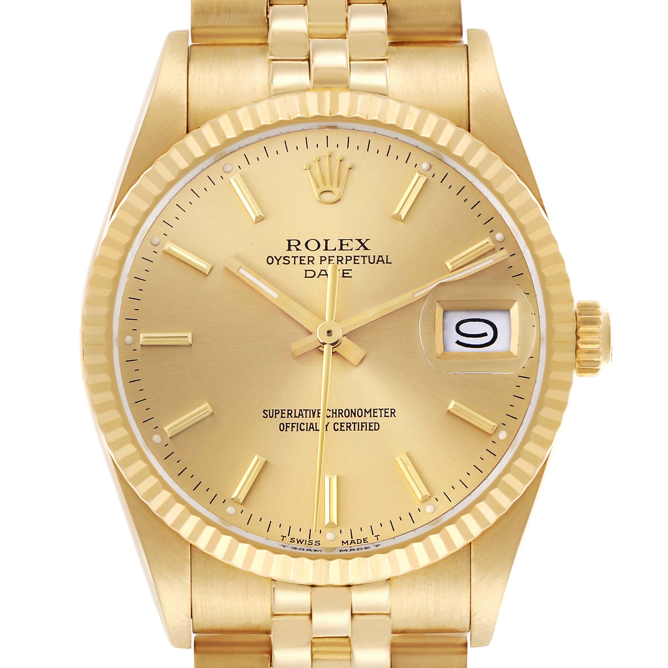 The Rolex Date model shows a close-up of the face, bezel, and part of the bracelet from a front angle.