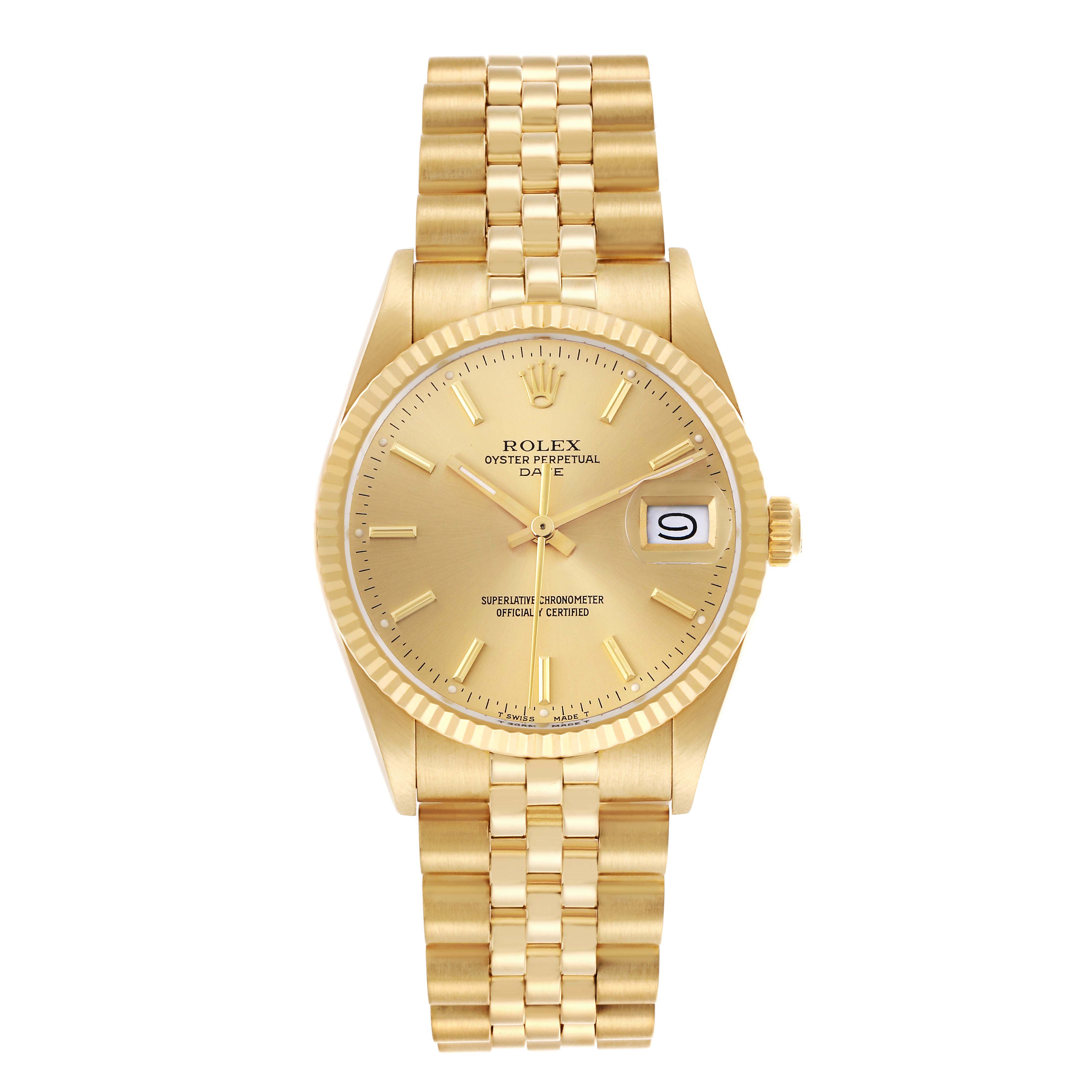 The Rolex Date model watch is shown from a top view, displaying the dial, bezel, and full bracelet.