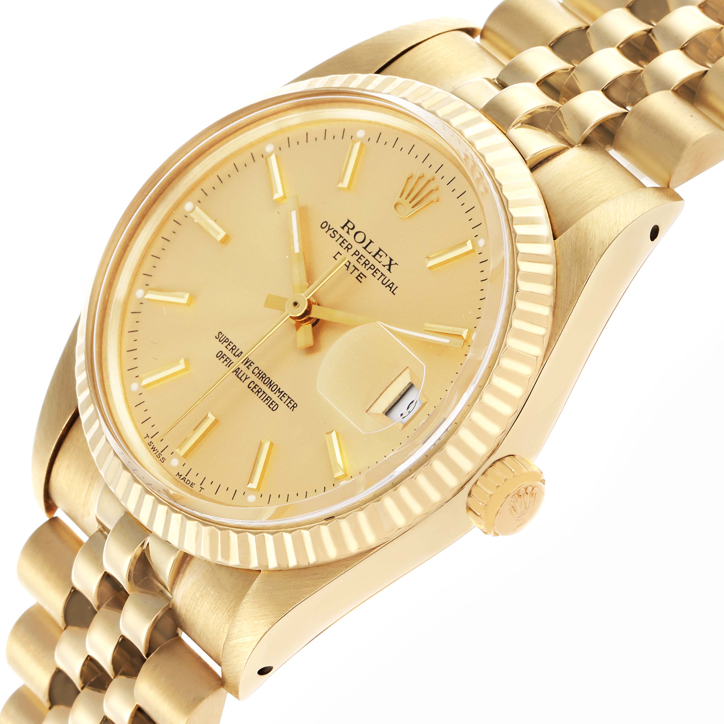 The Rolex Date watch is shown at a three-quarter angle, highlighting the dial, fluted bezel, and Jubilee bracelet.