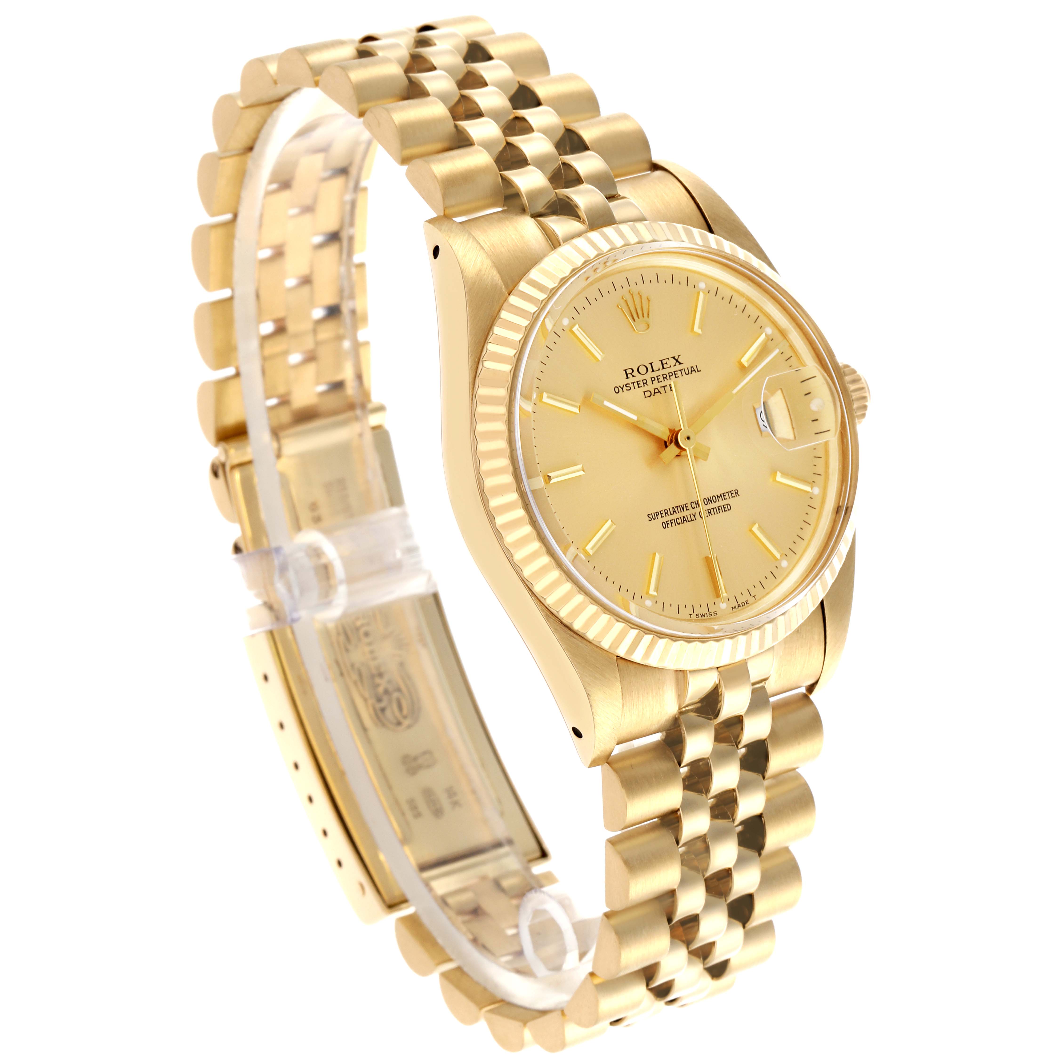 The Rolex Date model watch is shown at an angled side view, highlighting the dial, bezel, and bracelet.