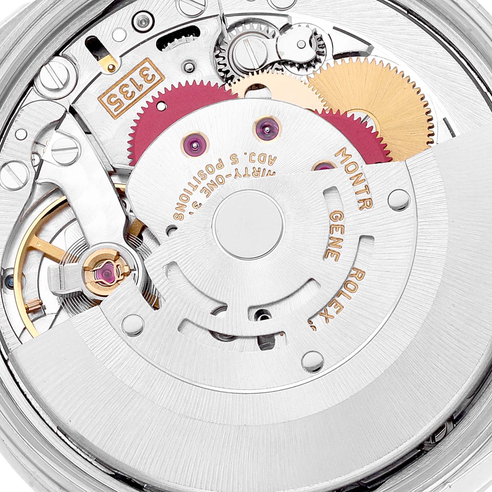 The image shows a close-up view of the movement mechanism inside a Rolex Date 15210 Men
s Stainless Steel Blue Dial 15210 Men
s Stainless Steel Blue Dial model watch.