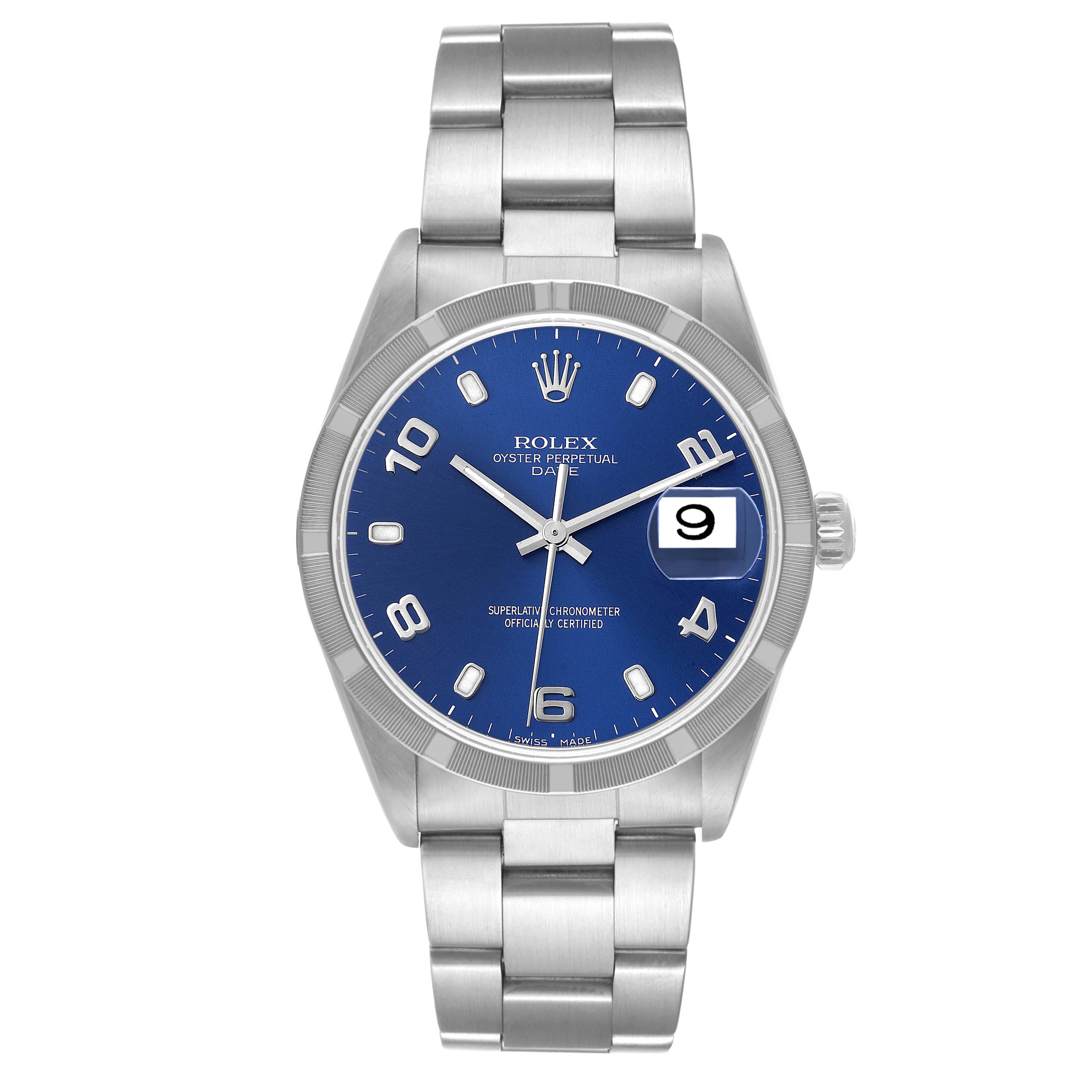 The image shows a front-facing Rolex Date 15210 Men
s Stainless Steel Blue Dial 15210 Men
s Stainless Steel Blue Dial model watch with a blue dial, stainless steel case, and bracelet.