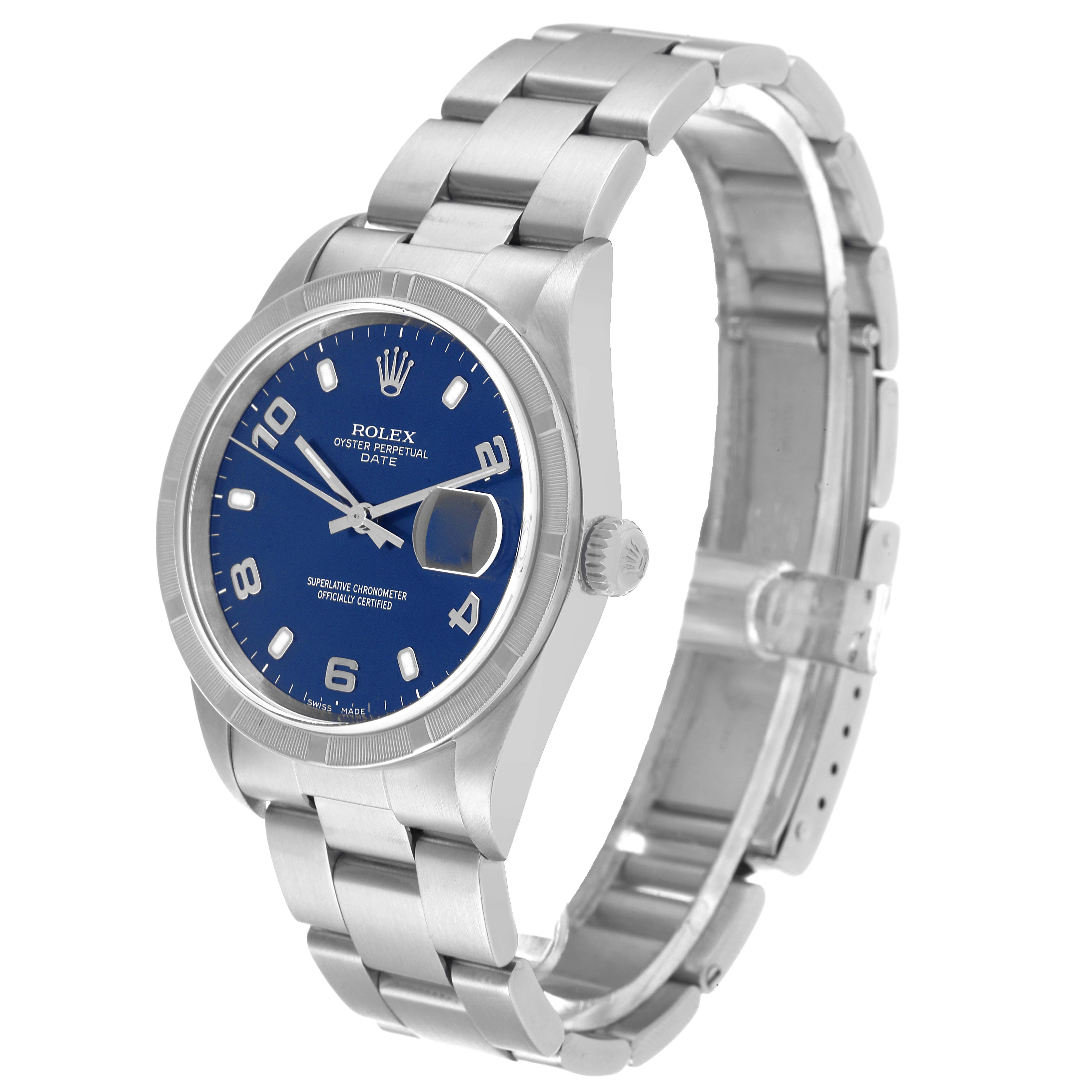 The image shows a Rolex Date 15210 Men
s Stainless Steel Blue Dial 15210 Men
s Stainless Steel Blue Dial model watch at a slight angle, highlighting its face, crown, and stainless steel bracelet.