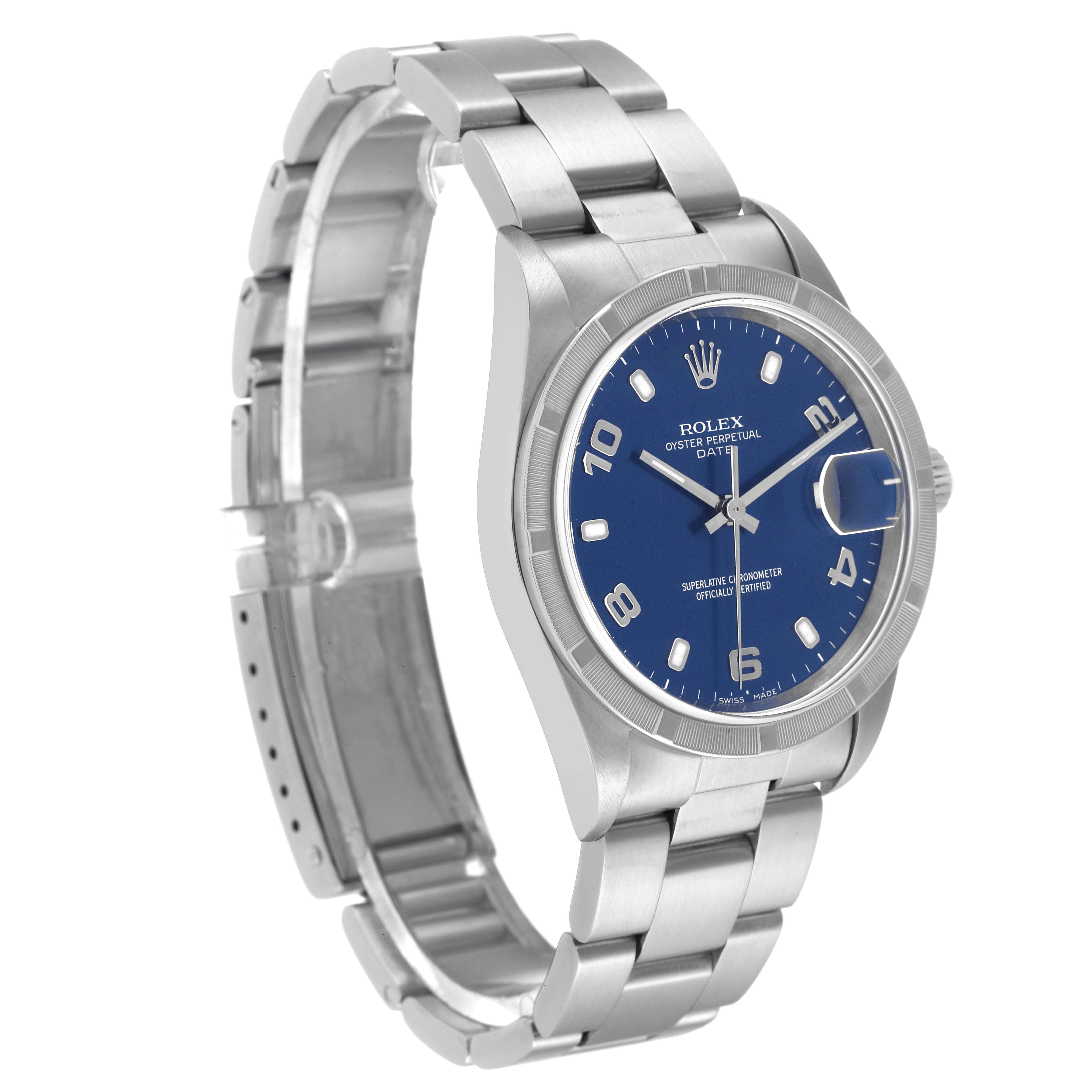 This image shows a Rolex Date 15210 Men
s Stainless Steel Blue Dial 15210 Men
s Stainless Steel Blue Dial model watch from a three-quarter angle, highlighting the blue dial, indexes, and stainless steel bracelet.
