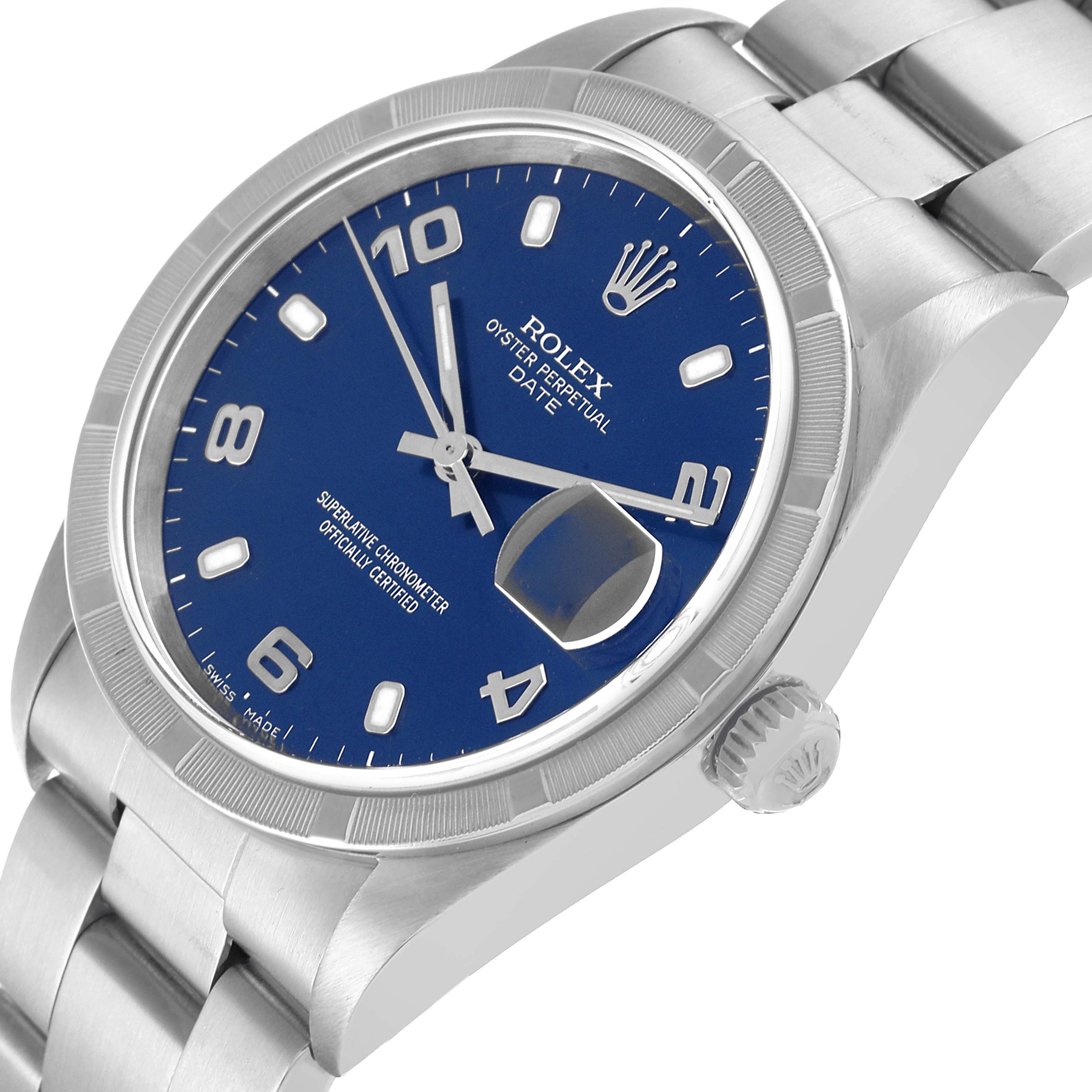 This image shows a close-up angled view of the Rolex Oyster Perpetual Date, featuring its blue dial, bezel, and bracelet.