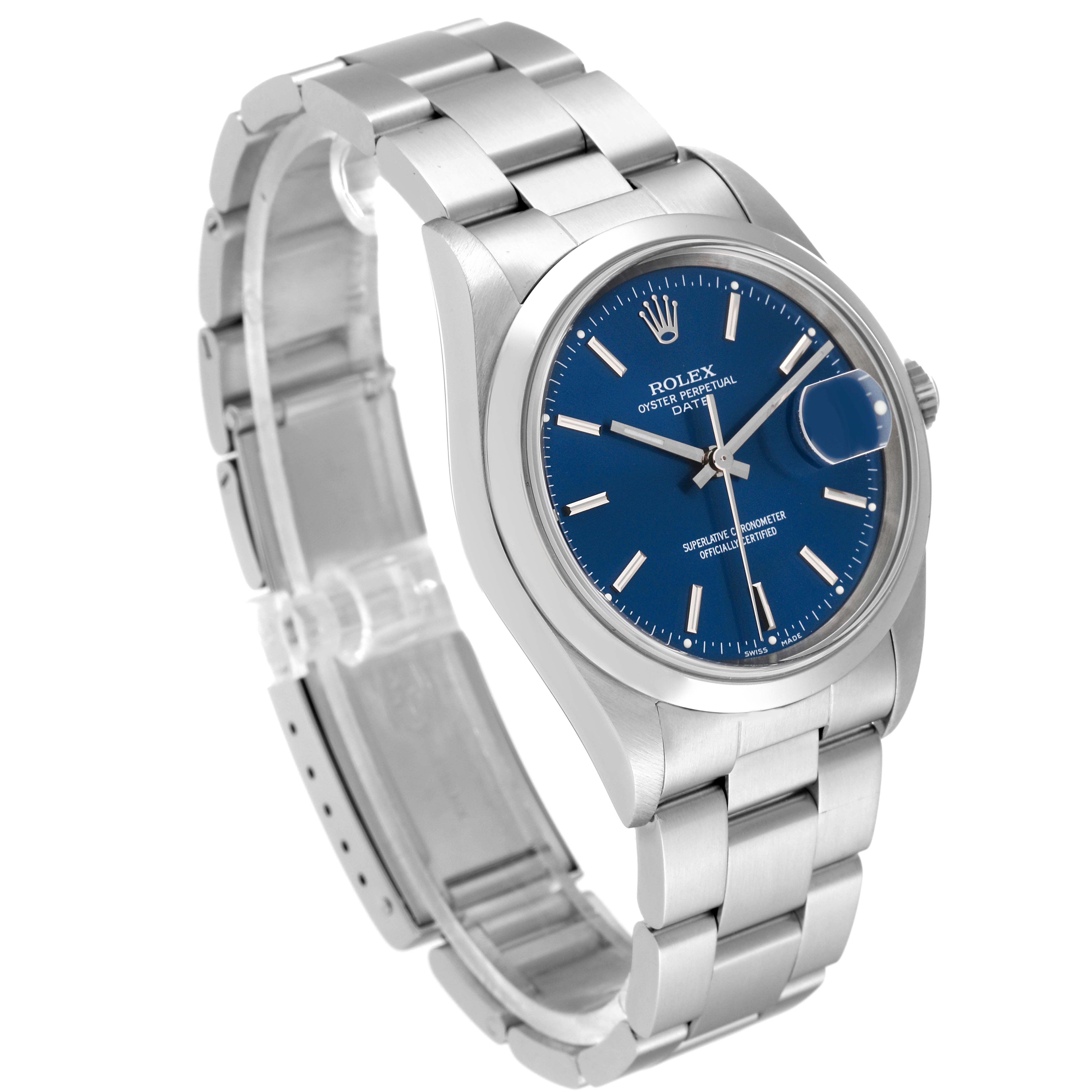 The image shows a Rolex Date 15200 Men's Stainless Steel Blue Dial 15200 Men's Stainless Steel Blue Dial model watch from a three-quarter angle, highlighting the blue dial, case, and metal bracelet.