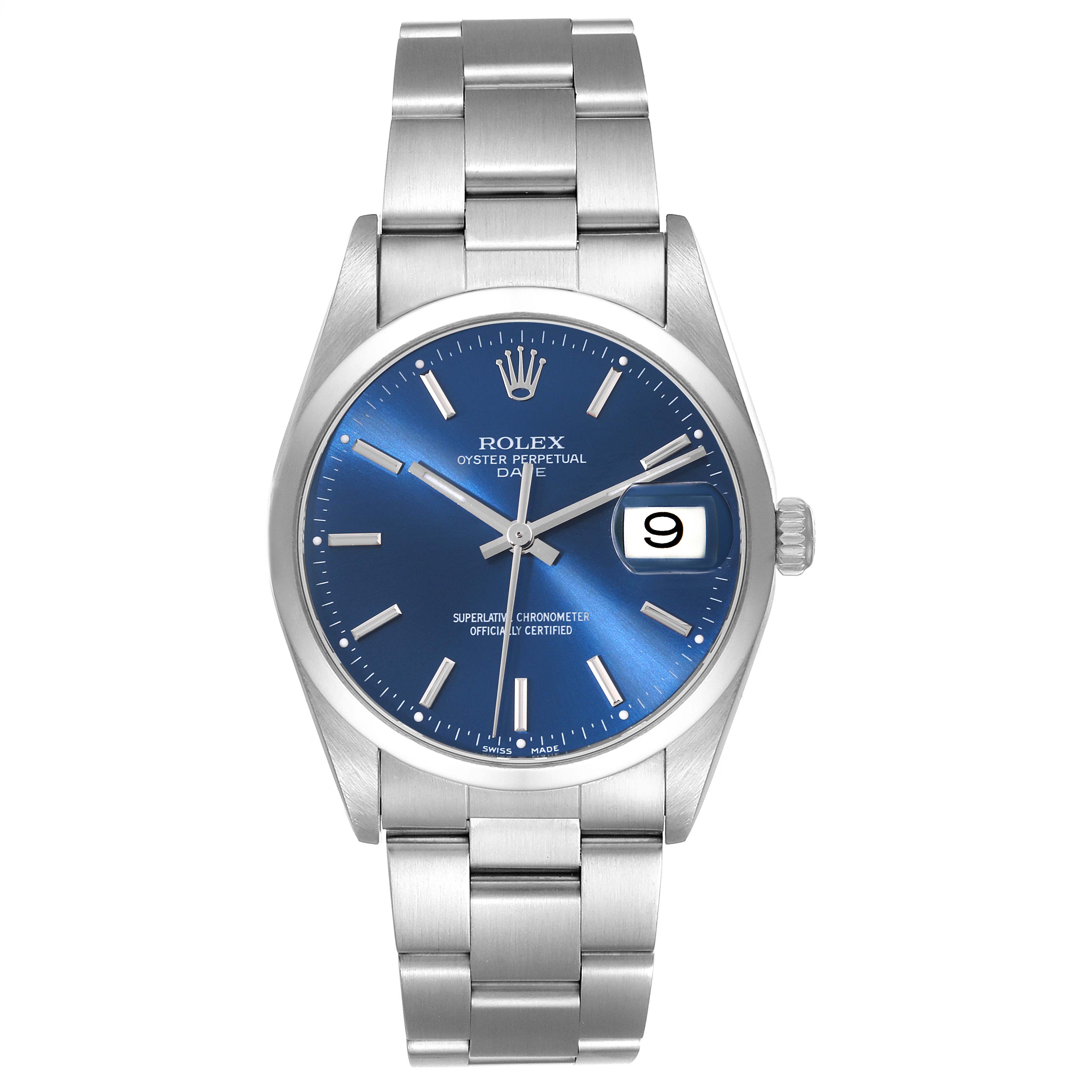 This image shows a front view of the Rolex Oyster Perpetual Date watch, displaying its blue dial, date window, and stainless steel bracelet.