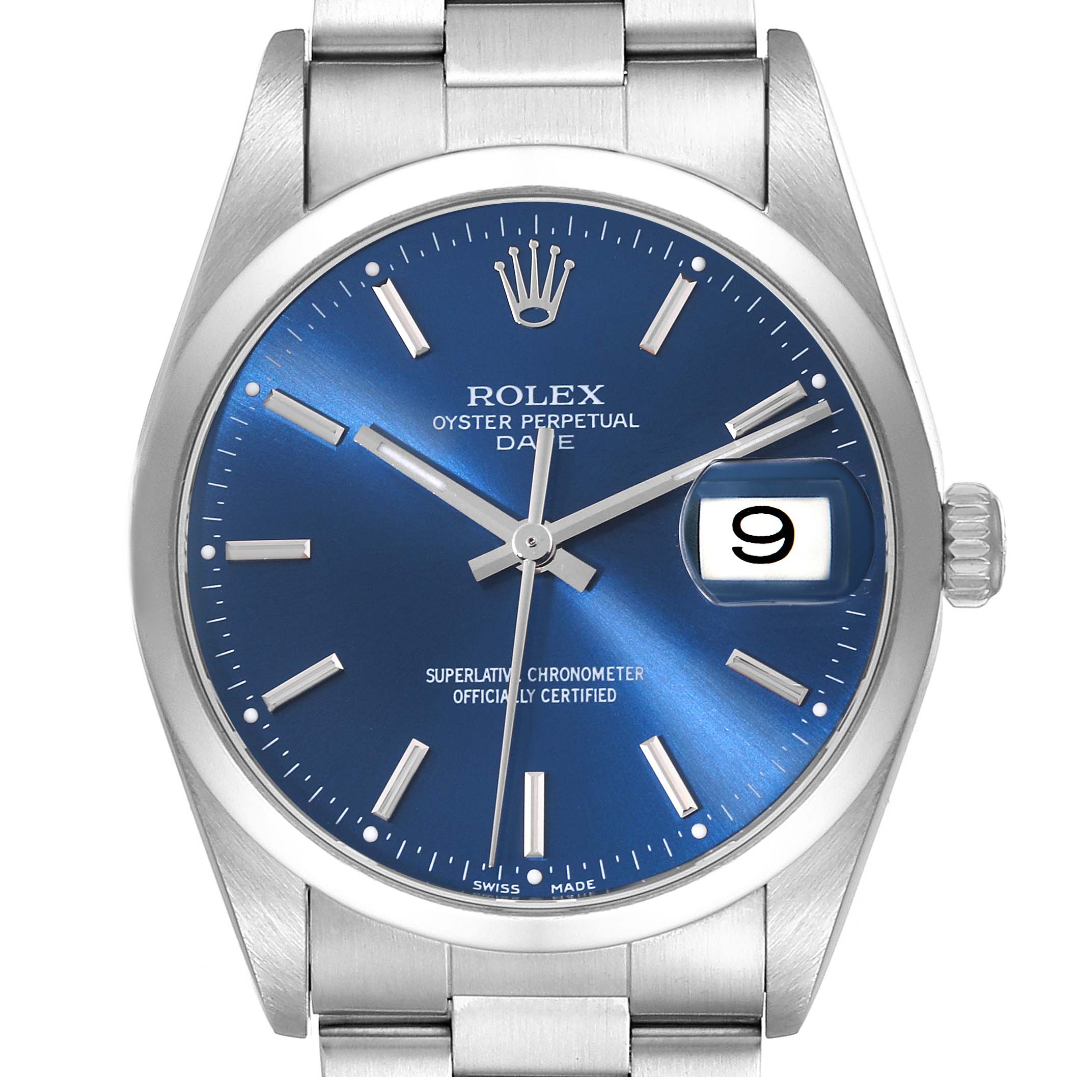 The image shows the dial, hands, and part of the bracelet of a Rolex Date 15200 Men's Stainless Steel Blue Dial 15200 Men's Stainless Steel Blue Dial model watch from a frontal angle.