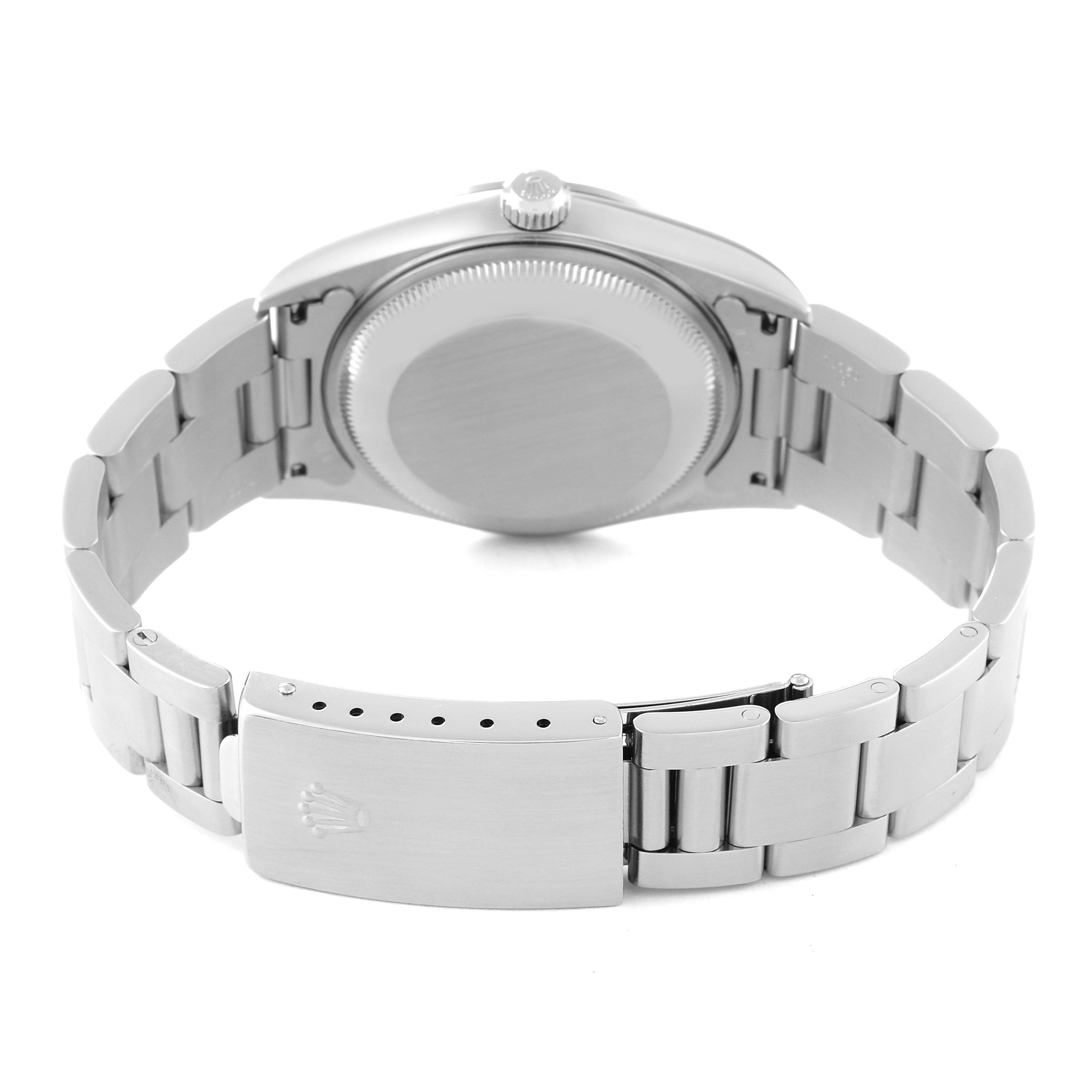 This image shows the back and clasp of a Rolex Date 15200 Men's Stainless Steel Blue Dial 15200 Men's Stainless Steel Blue Dial model watch from a rear angle.