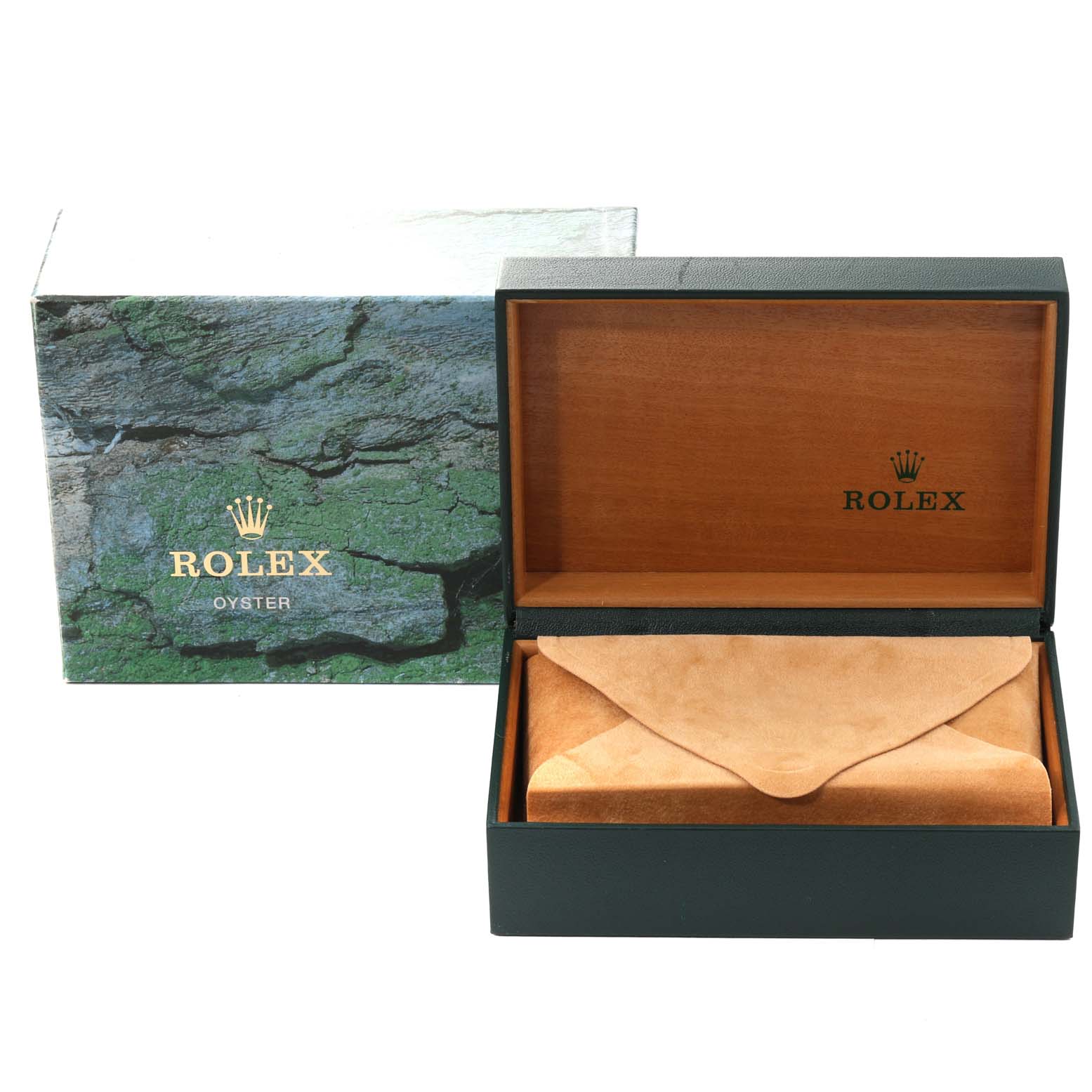 This image shows a Rolex Date 15200 Men's Stainless Steel Blue Dial 15200 Men's Stainless Steel Blue Dial model watch box and its open inner container, showcasing the packaging and leather envelope.