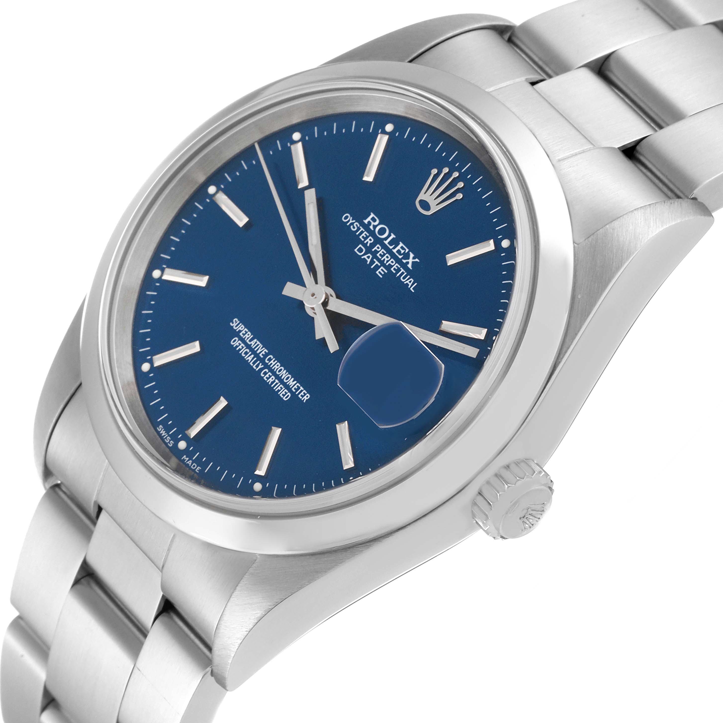 The image shows a close-up, side angle of the Rolex Date 15200 Men's Stainless Steel Blue Dial 15200 Men's Stainless Steel Blue Dial model, showcasing the dial, bezel, and part of the bracelet.