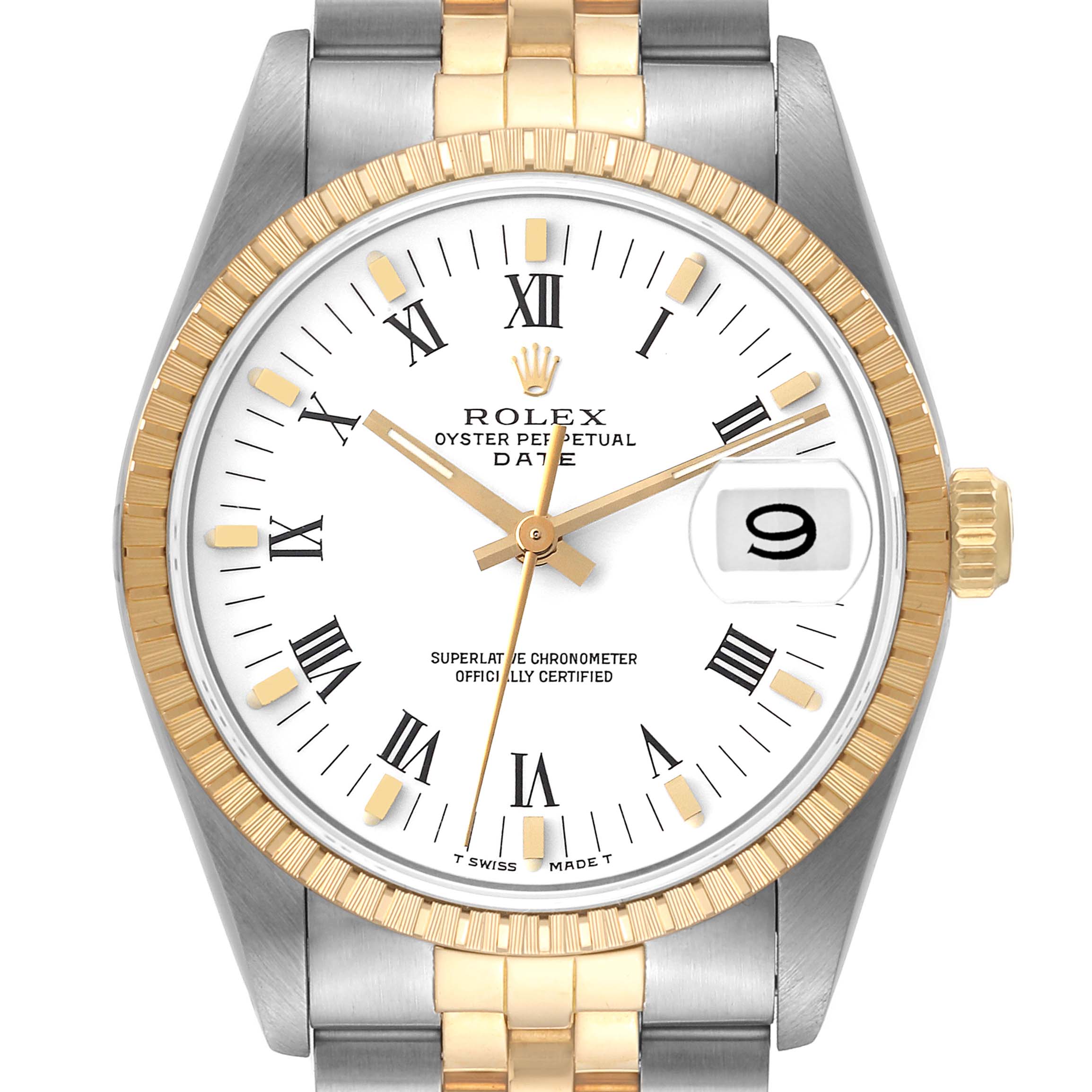 The image shows a front view of a Rolex Date 15223 Men's Steel and Gold (two tone) White Dial 15223 Men's Steel and Gold (two tone) White Dial model watch, highlighting its dial, bezel, hands, and bracelet.