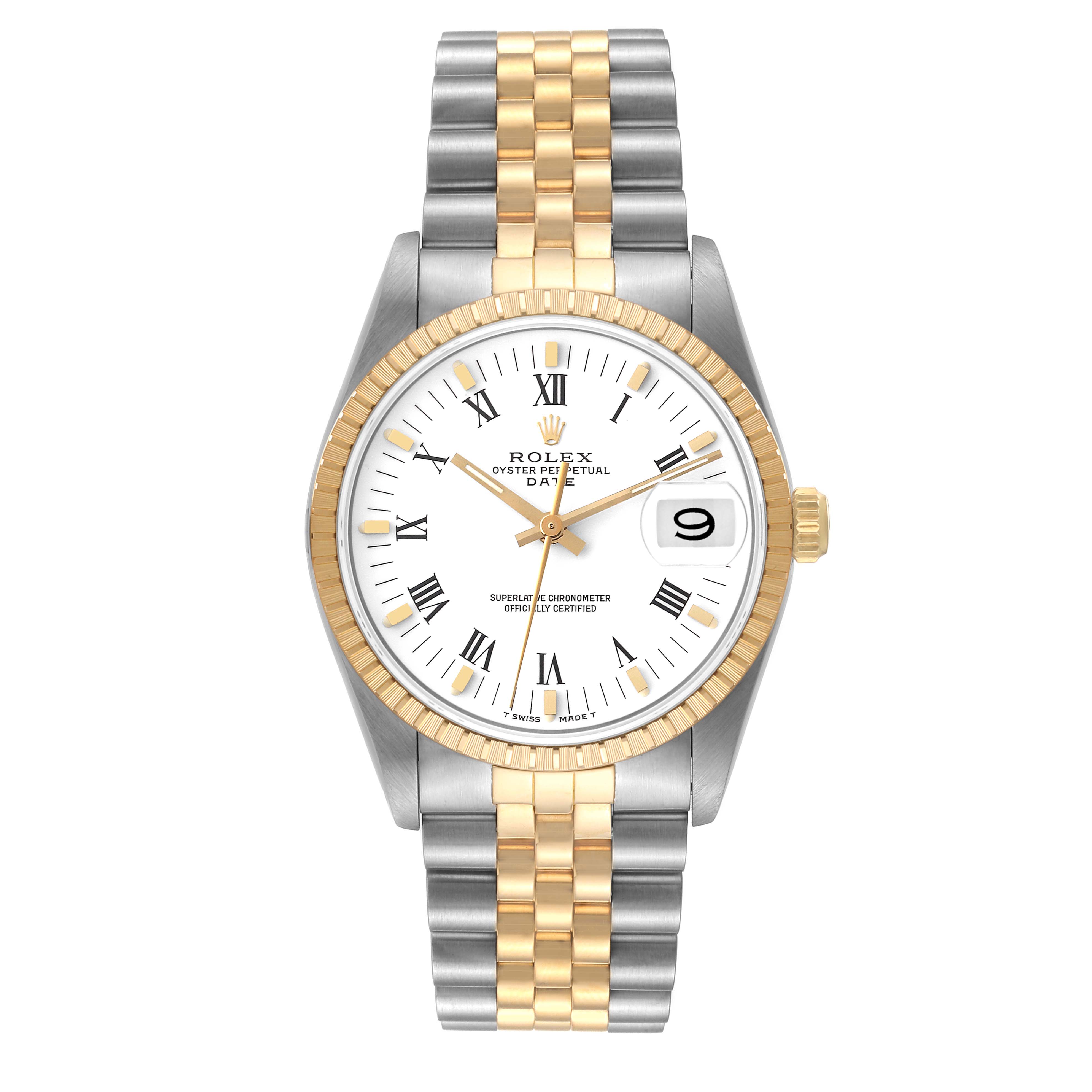 This image shows a front view of the Rolex Date 15223 Men's Steel and Gold (two tone) White Dial 15223 Men's Steel and Gold (two tone) White Dial model watch, highlighting the dial, bezel, and two-tone bracelet.