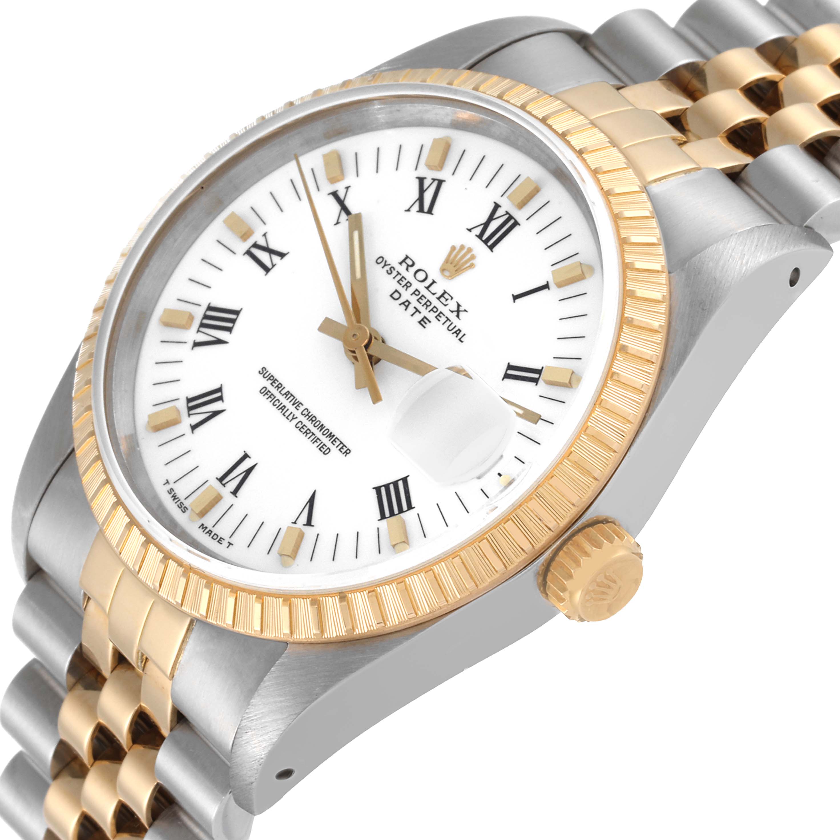 The image shows a close-up angle of a Rolex Date 15223 Men's Steel and Gold (two tone) White Dial 15223 Men's Steel and Gold (two tone) White Dial model watch, highlighting its face, bezel, and crown.