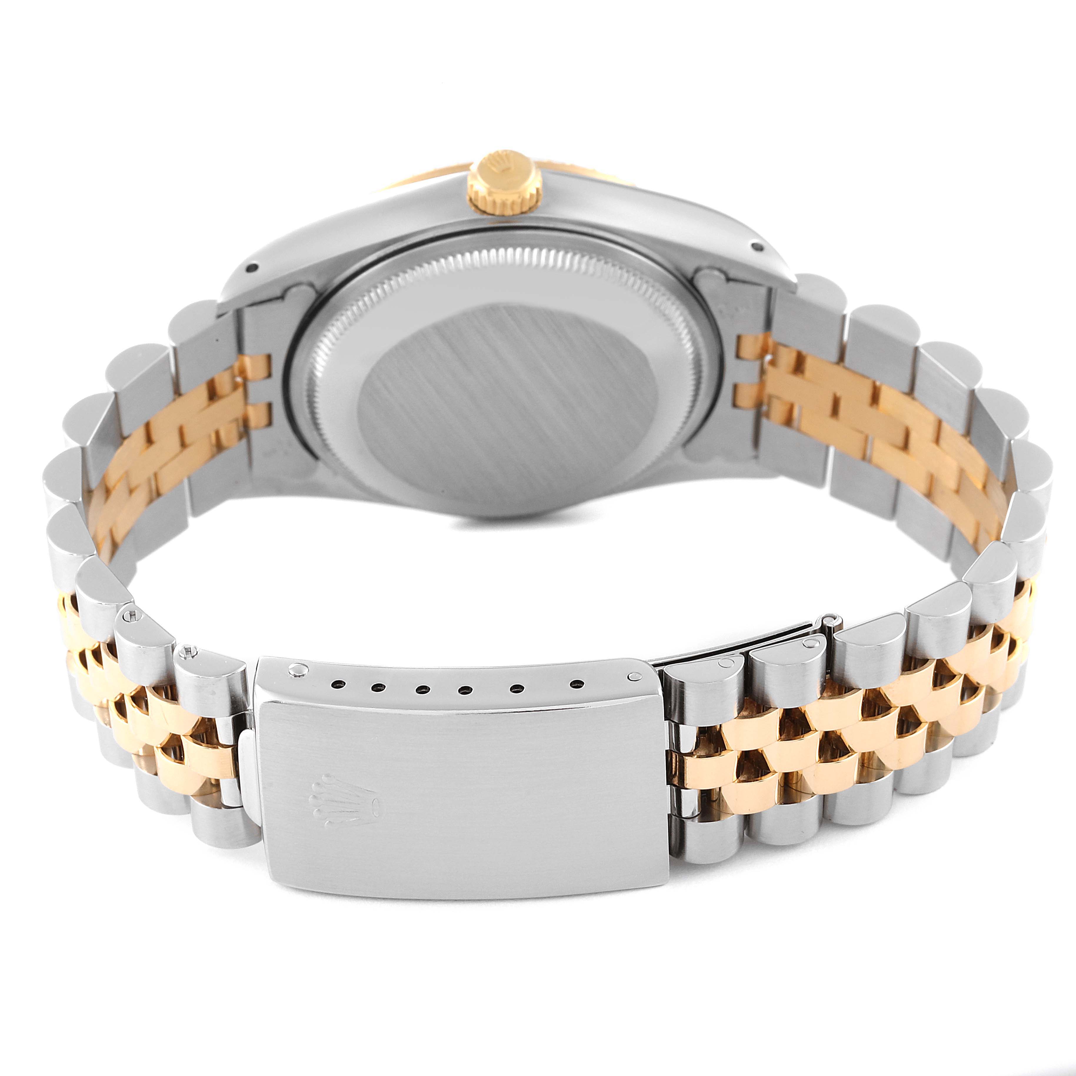 The image shows the back of a Rolex Date 15223 Men's Steel and Gold (two tone) White Dial 15223 Men's Steel and Gold (two tone) White Dial model watch, highlighting its case back and two-tone bracelet with clasp.