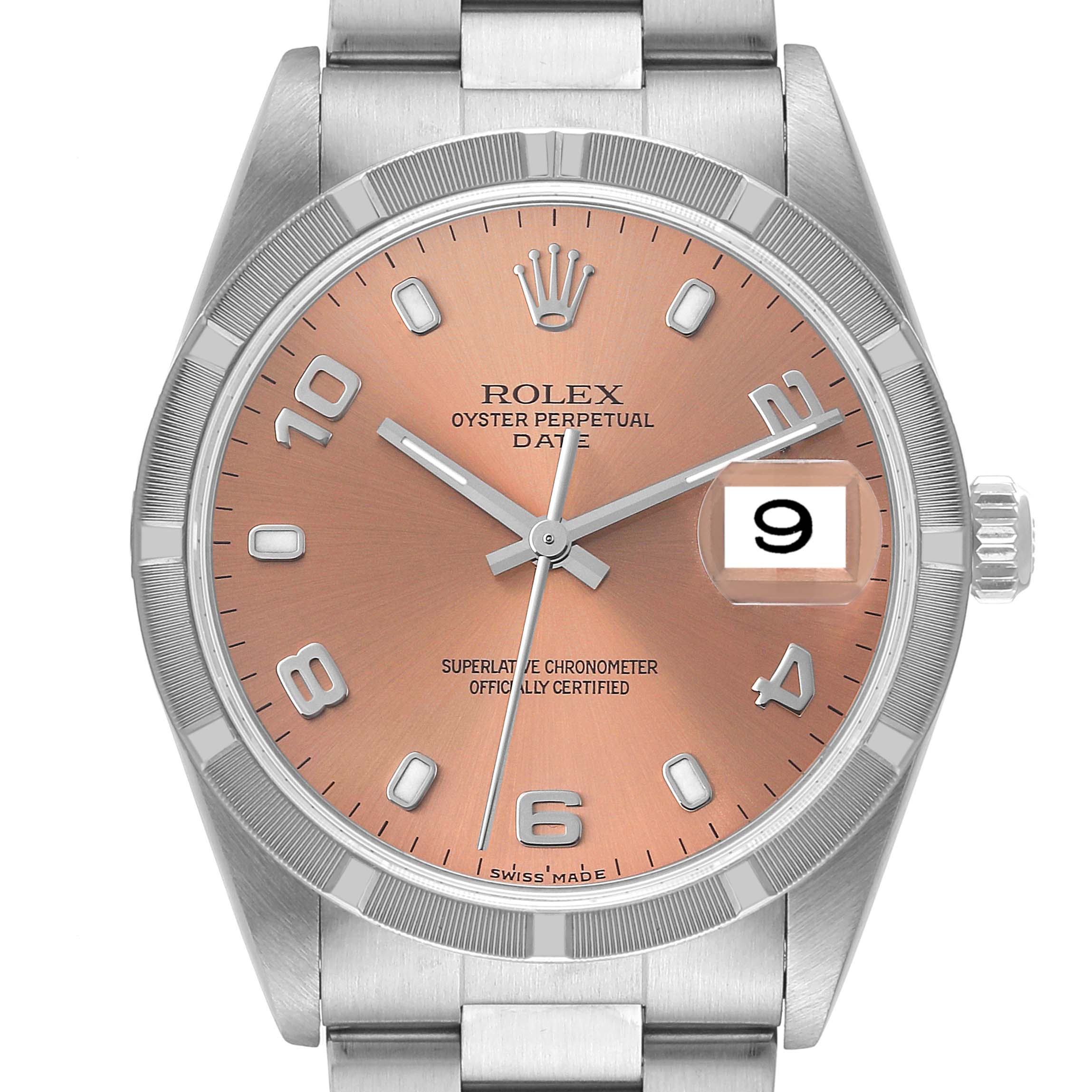 The image shows a front view of a Rolex Oyster Perpetual Date model, highlighting its face, bezel, and bracelet.