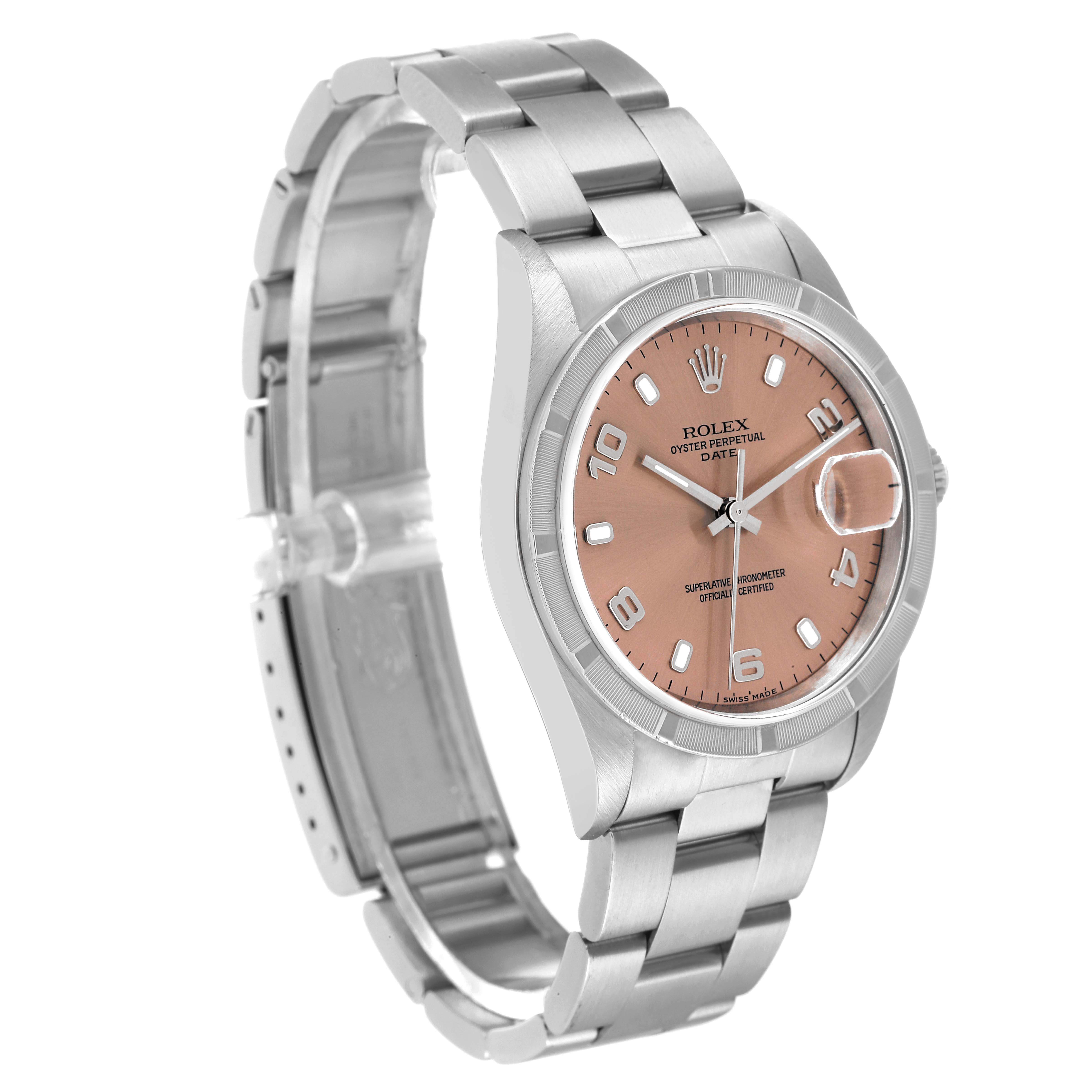 The image shows a Rolex Date 15210 Men's Stainless Steel Pink Dial 15210 Men's Stainless Steel Pink Dial model watch at a three-quarter angle, highlighting the face, bracelet, and the open clasp.