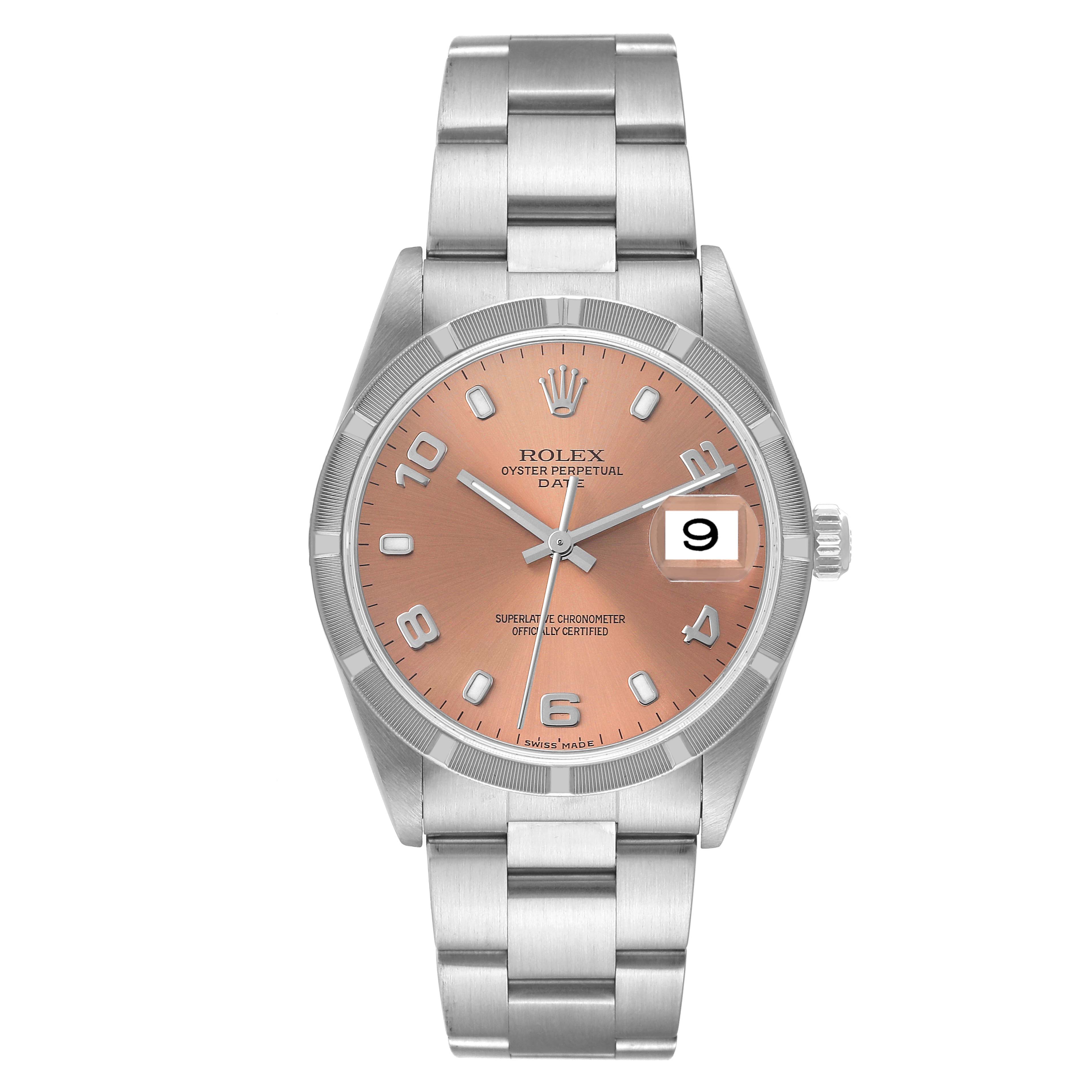 The image shows a frontal view of a Rolex Oyster Perpetual Date watch, displaying the dial, bracelet, and date window.