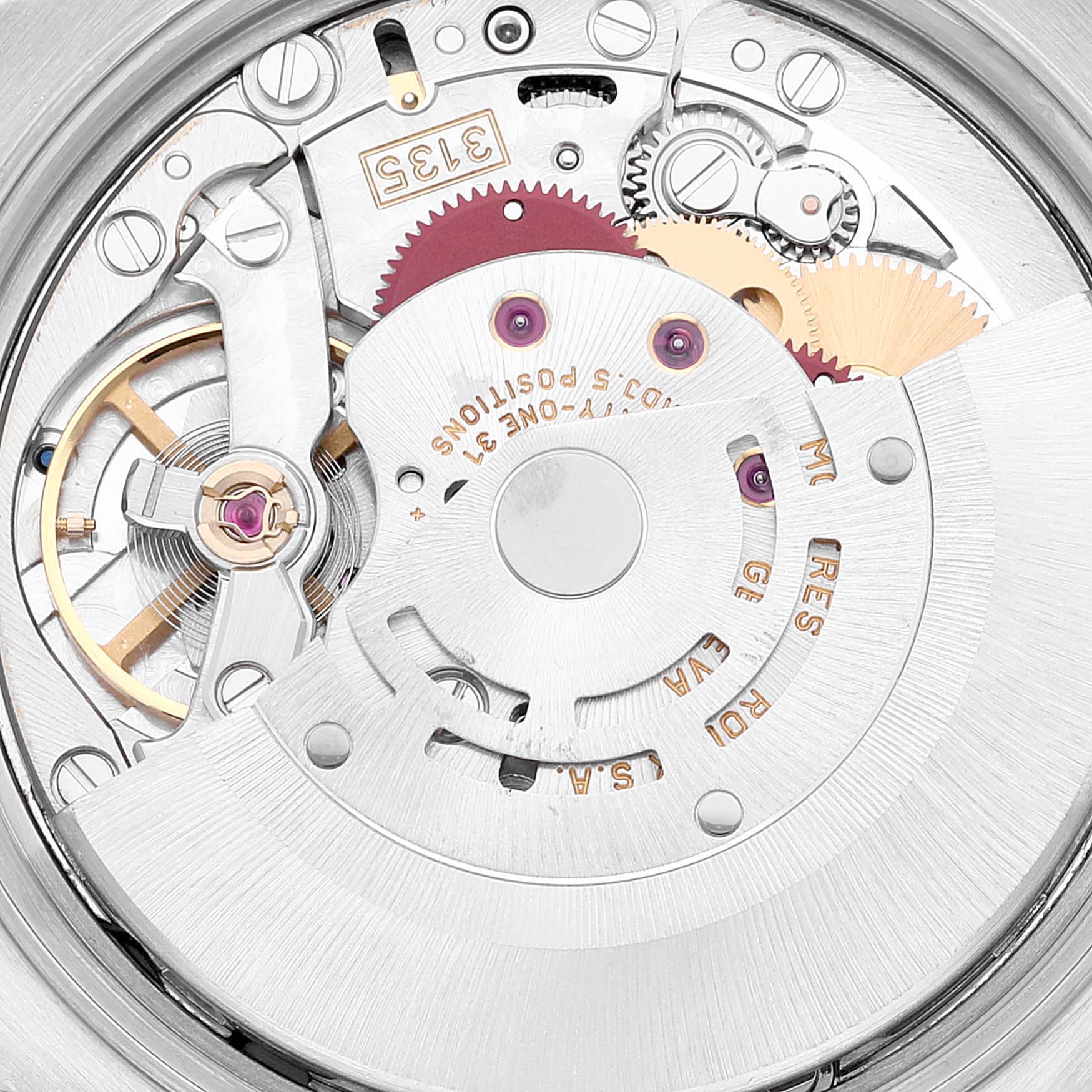 This close-up image shows the intricate movement and internal components of a Rolex Date 15210 Men's Stainless Steel Pink Dial 15210 Men's Stainless Steel Pink Dial model watch.