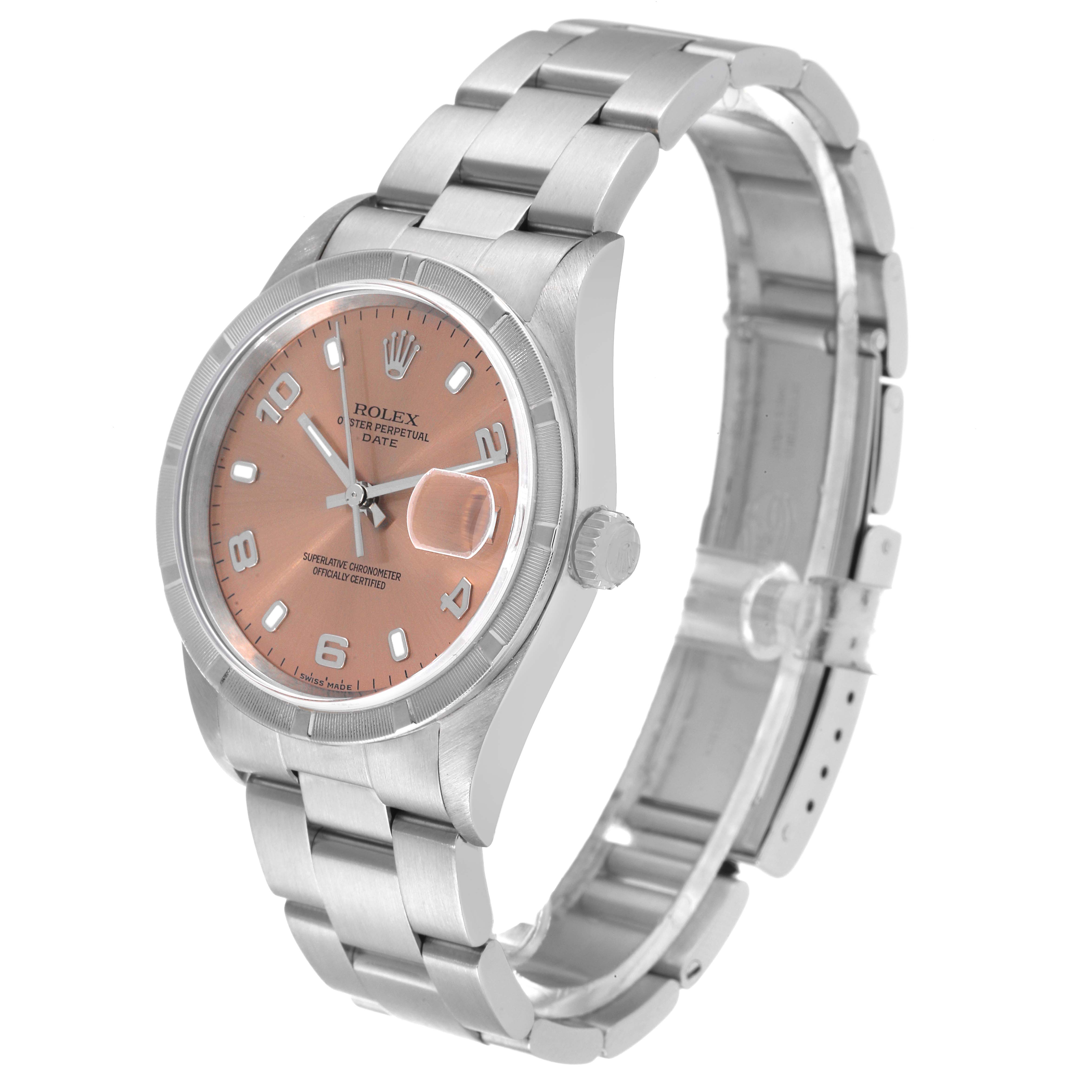 The image shows a Rolex Date 15210 Men's Stainless Steel Pink Dial 15210 Men's Stainless Steel Pink Dial model watch angled to display the face, crown, and partially extended bracelet.